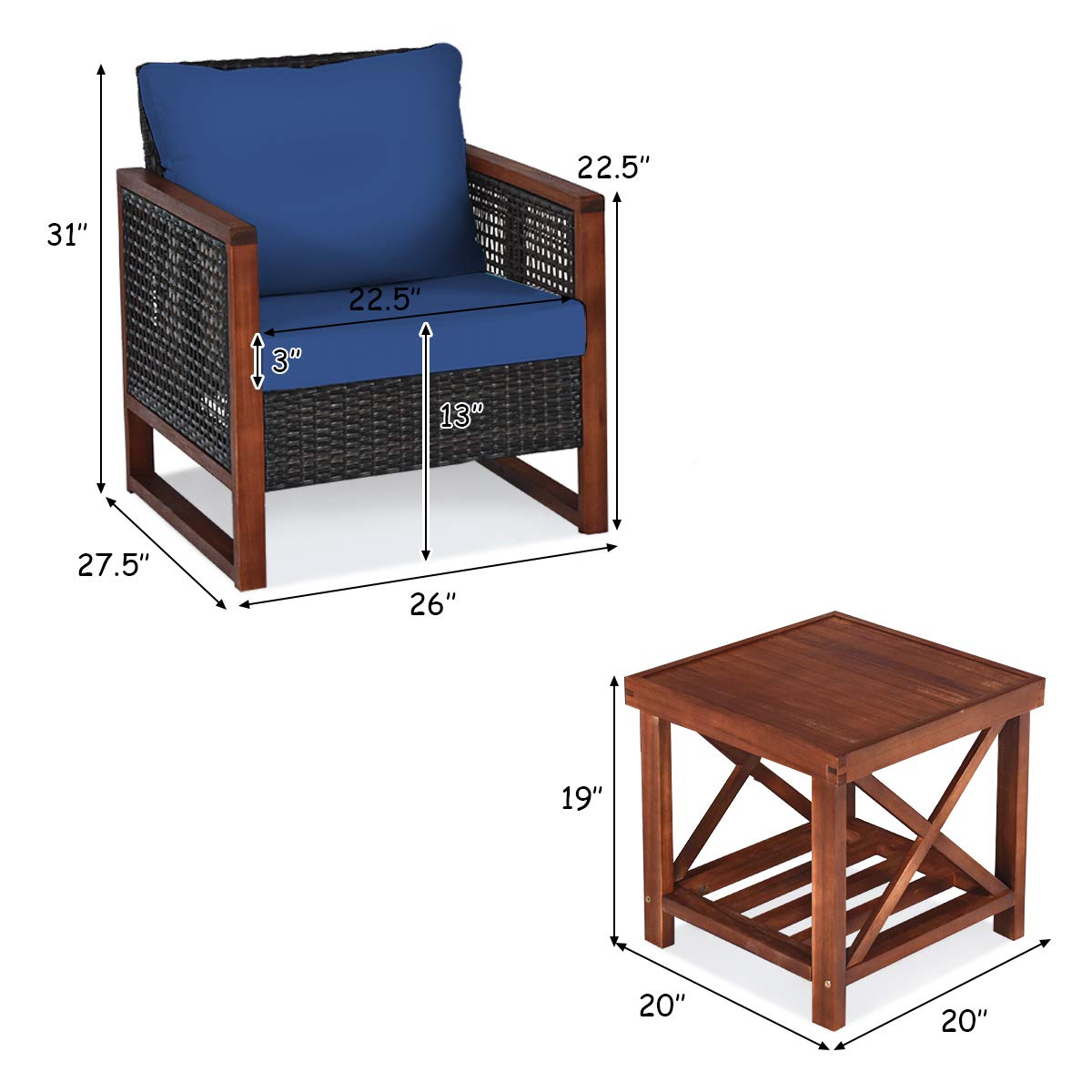 HAPPYGRILL 3-Piece Outdoor Patio Furniture Set - Wicker Chairs with Coffee Table, Acacia Wood Frame & Washable Cushions - Perfect for Garden, Poolside, Backyard, Balcony & Porch Relaxation