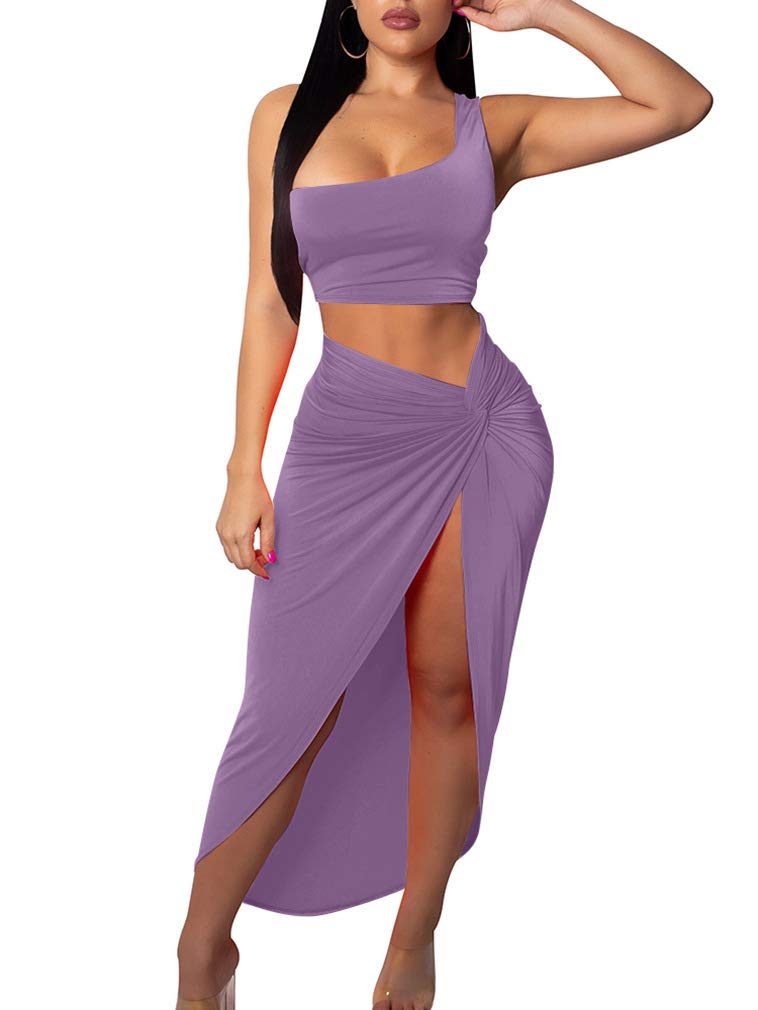 BEAGIMEG Women's Sexy One Shoulder Long Bodycon Slit Skirt 2 Piece Dress Set - Perfect for Night Out, Club Party & Evening Events