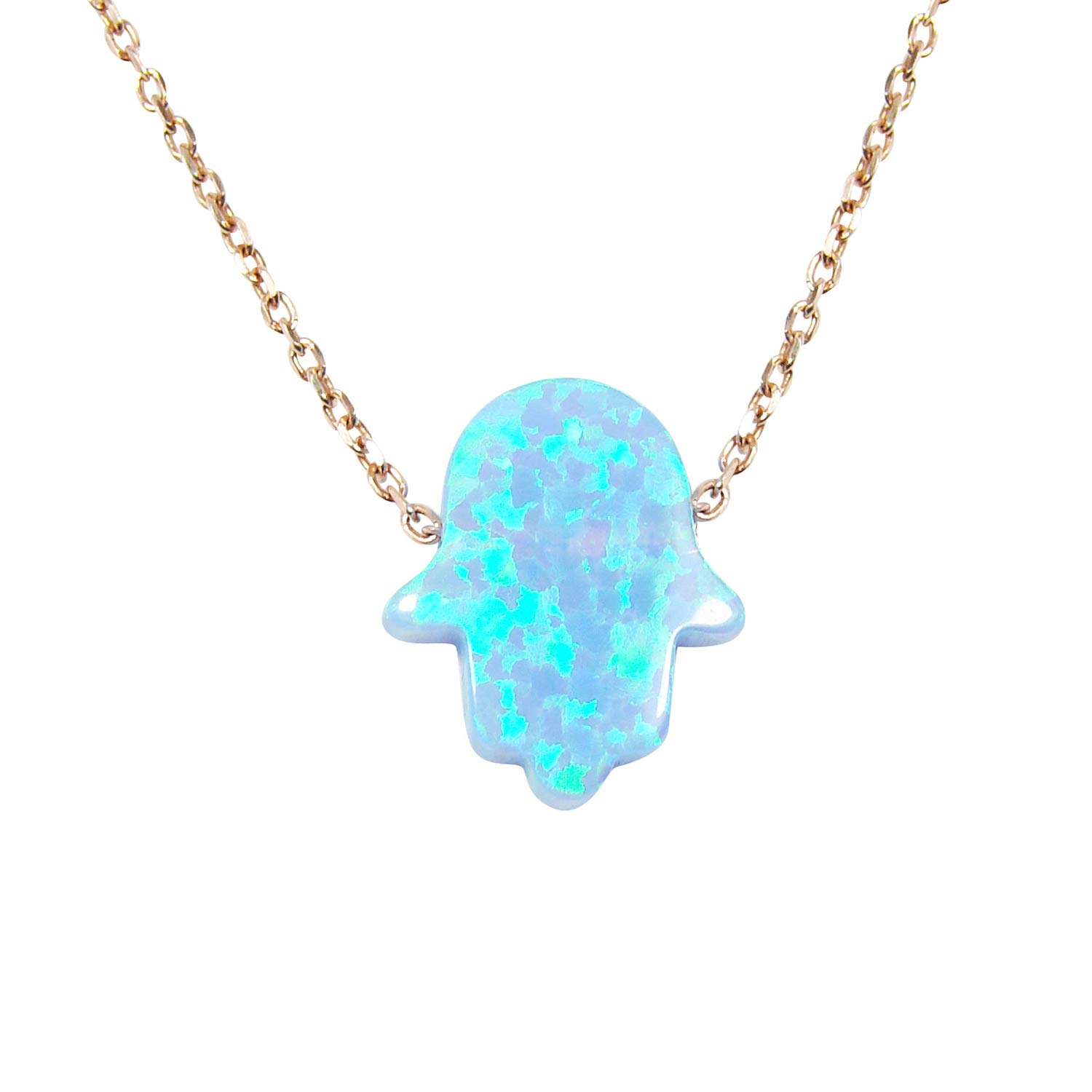 925 Sterling Silver Hamsa Necklace - Light Blue Opal & Rose Gold for Protection & Style