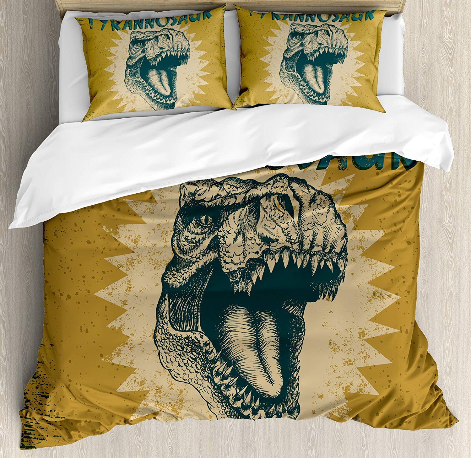 4-Piece Grunge Style Vintage Dinosaur Print Bedding Set - Jurassic Fossil Comforter, Duvet Cover, Sheets & Pillowcases for Kids/Teens/Adults (Queen Size) | Perfect for Dinosaur-Themed Bedrooms, Teen Rooms & Unique Home Decor