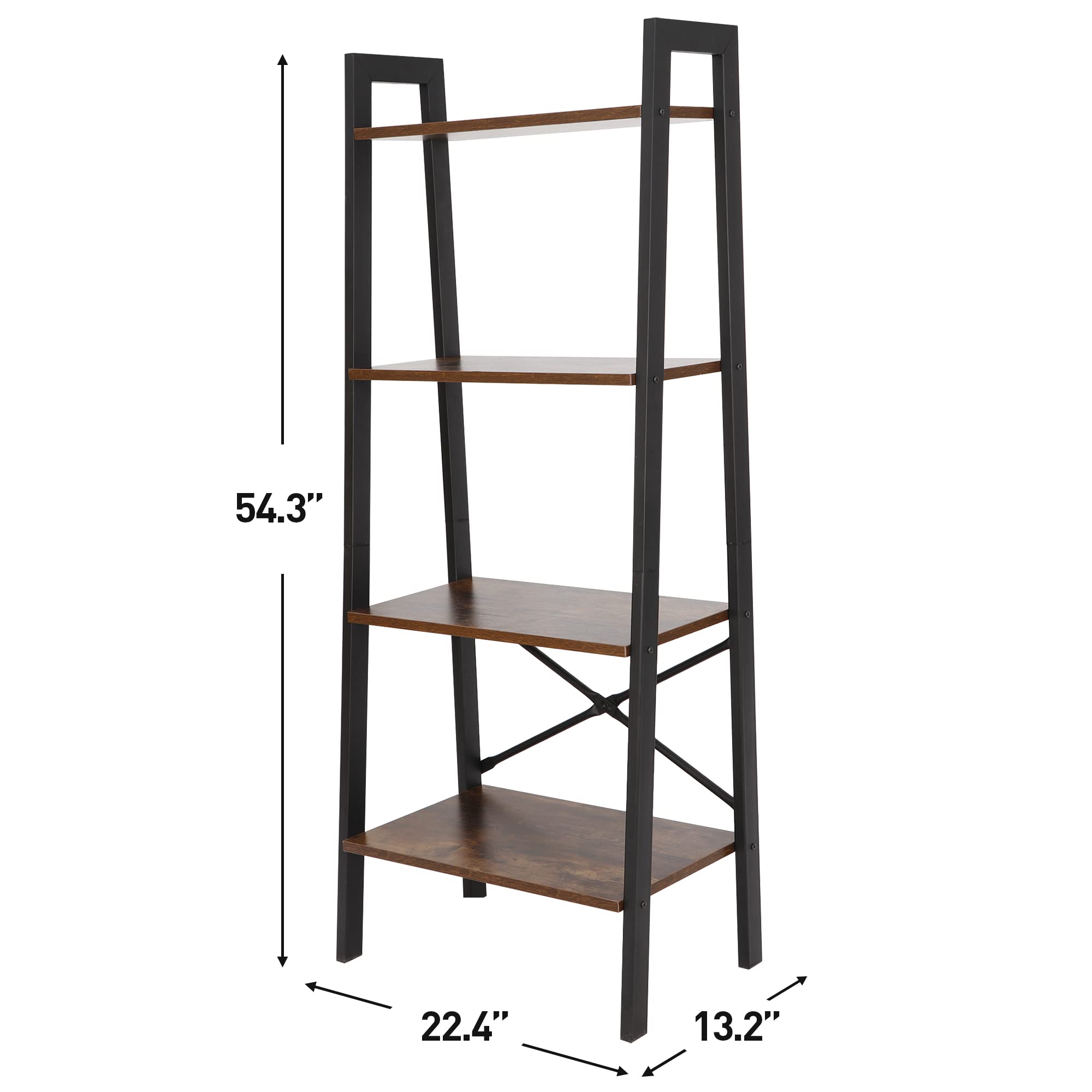 ZenStyle 4-Tier Rustic Ladder Bookshelf - Wood & Metal Leaning Wall Shelf for Home Storage, Decor, Plants | Perfect for Living Room, Bedroom, Office, Kitchen & Bathroom Organization | Space-Saving Corner Bookcase for Books, Flowers & Display