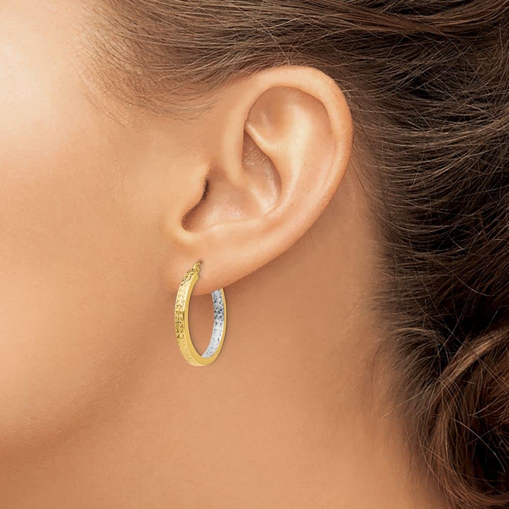 14K Yellow Gold Two-Tone Square Diamond-Cut Hoop Earrings 27mm - Elegant Lightweight Dangle Earrings for Women, Perfect for Parties, Weddings & Everyday Wear