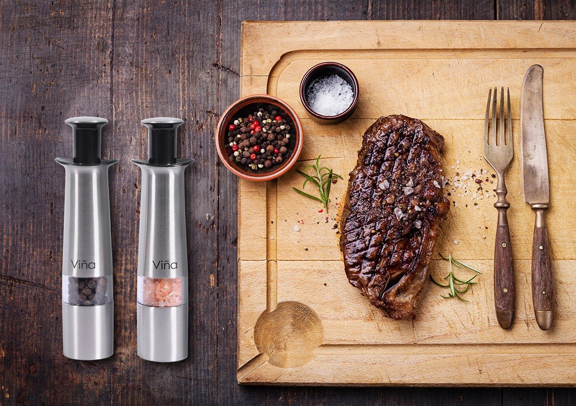 Premium Manual Salt and Pepper Grinder Set - Refillable Stainless Steel Mills with Bamboo Stand - Perfect for Kitchen, Dining Table & Spice Organization - Ideal Gift for Halloween Party, Housewarming & New Home