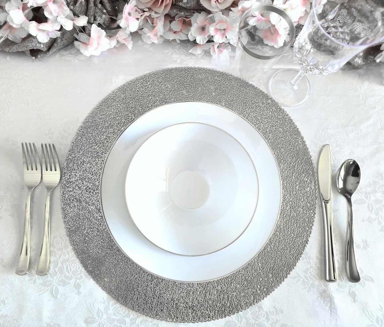 120-Pack Metallic Silver Pressed Vinyl Round Placemats - Elegant Wedding Table Decor & Dinner Party Centerpieces for Glamorous Occasions