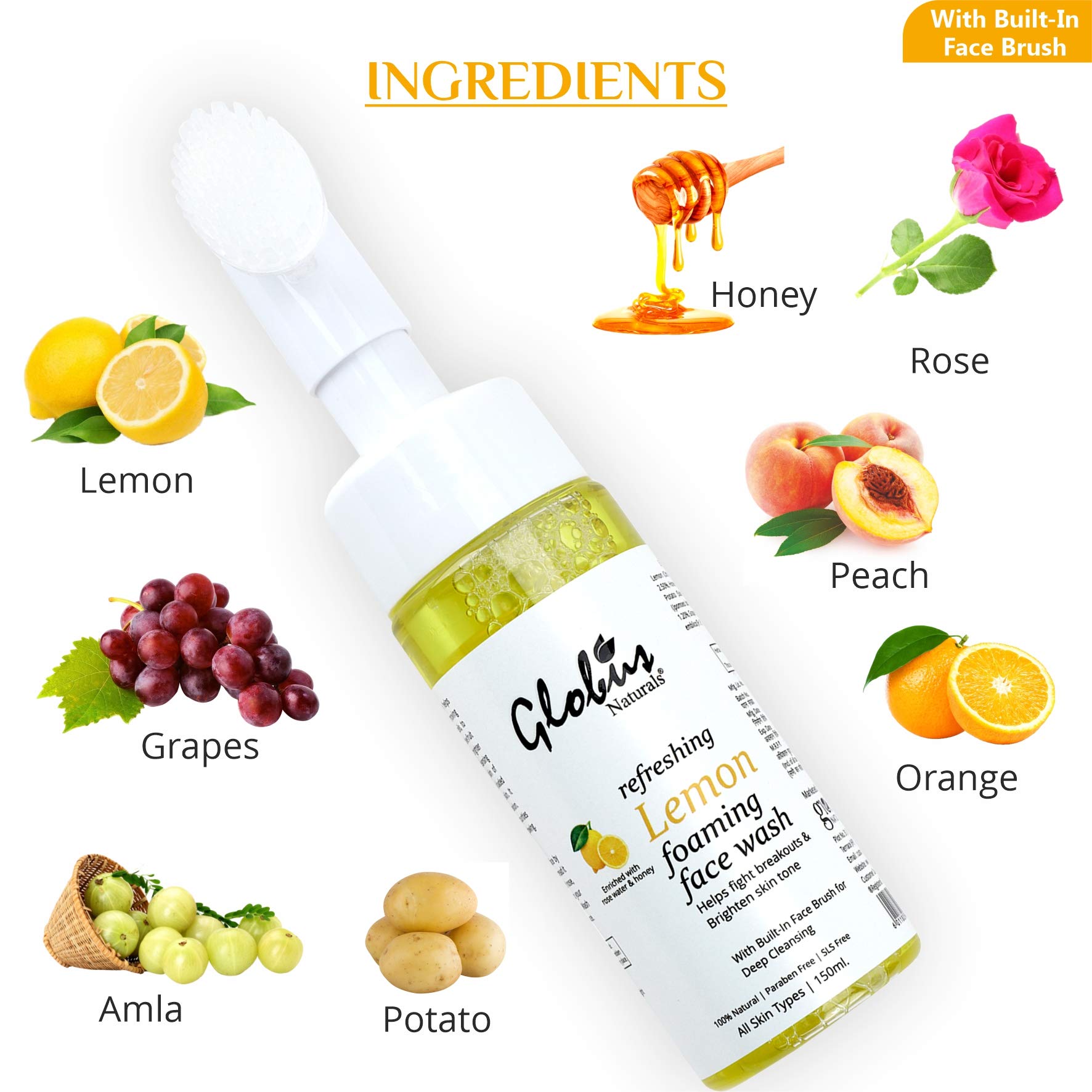 Globus Naturals Refreshing Lemon Foaming Face Wash with Silicone Massage Brush - Acne Fighting, Skin Brightening, Paraben & Sulfate Free (150ml) | Gentle Cleanser for Oily & Combination Skin | Morning & Night Skincare Routine