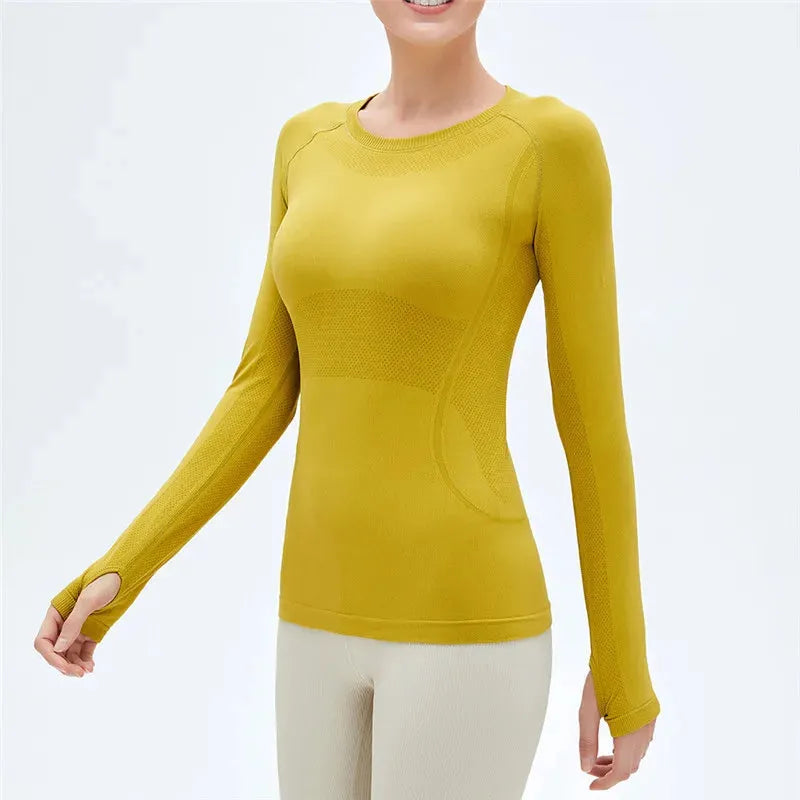 Solid Color Women's Long Sleeve Yoga Shirt - Breathable Fitness Top with Round Neck & Thumb Holes for Yoga, Gym & Workouts | Slim Fit Athletic Wear for Women