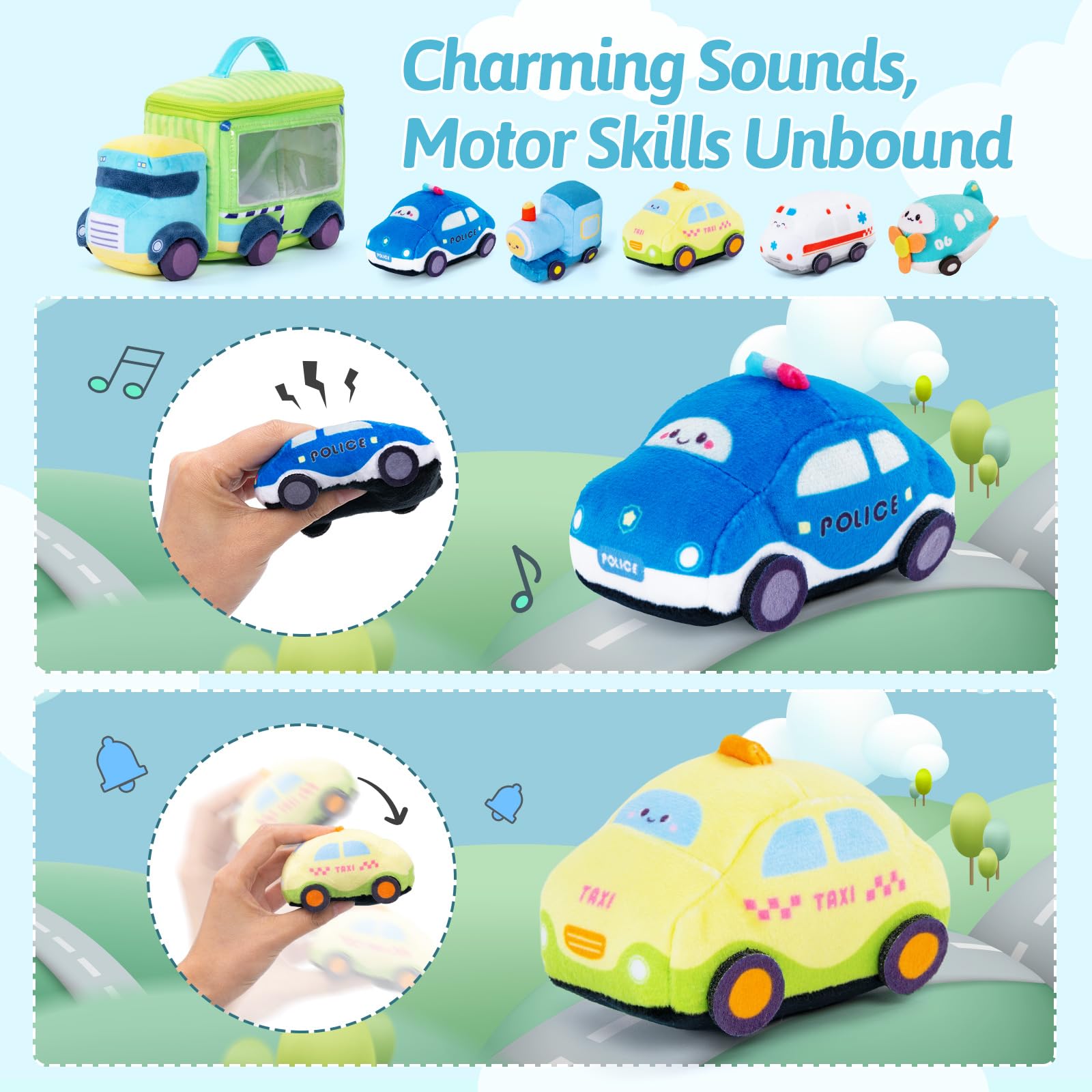 OUOZZZ Soft Baby Boy Toys - Plush Cars for Toddlers 1-3 Years | Little Blue Truck Stuffed Animal with Squeaker & Bell | Sensory Learning Toys | First Birthday Gift for Boys & Girls | Portable Play Set for Home, Travel & Daycare Activities