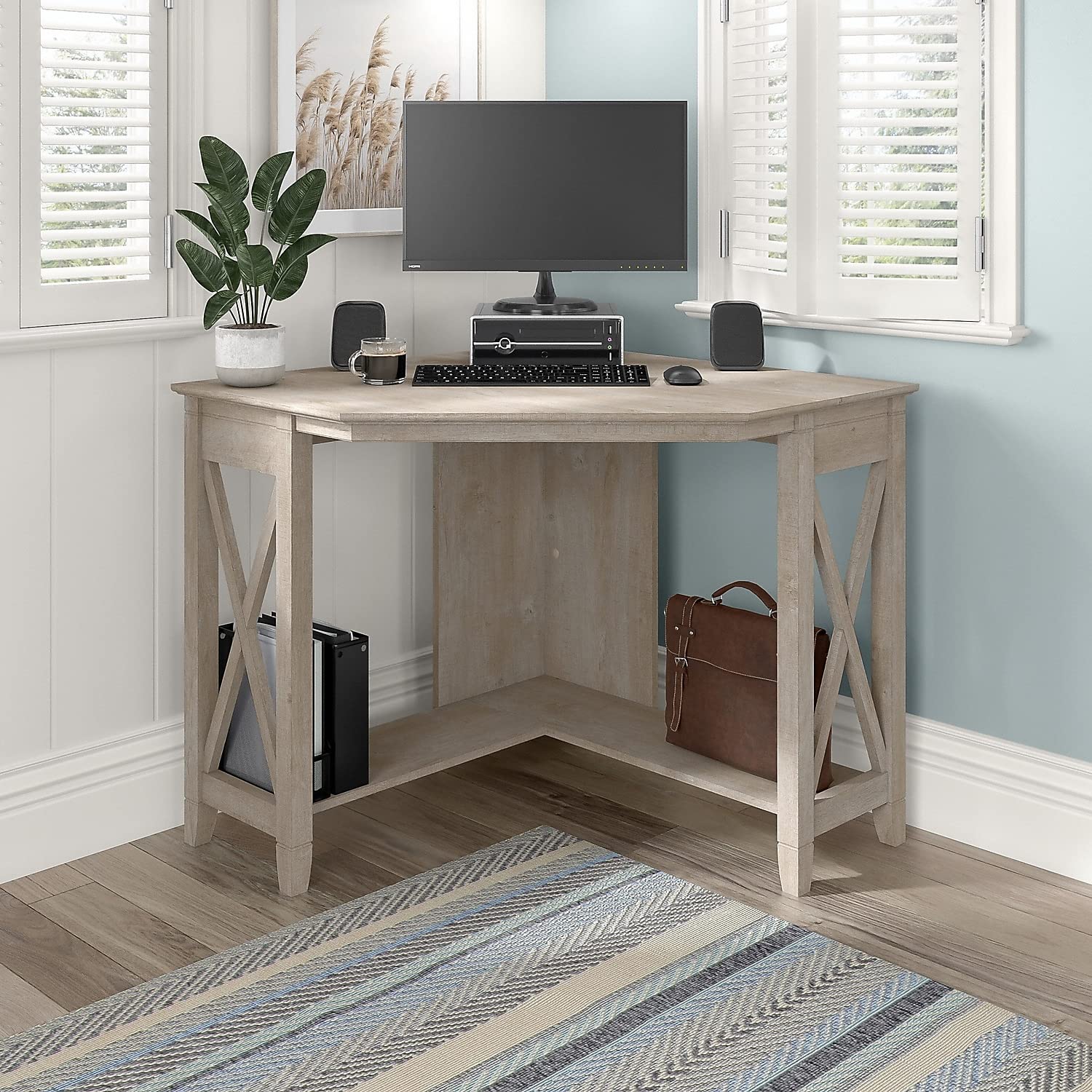 Bush Furniture Key West Small Corner Desk in Washed Gray - Compact Home Office Desk for Small Spaces, Perfect for Bedroom, Dorm or Apartment Workspace