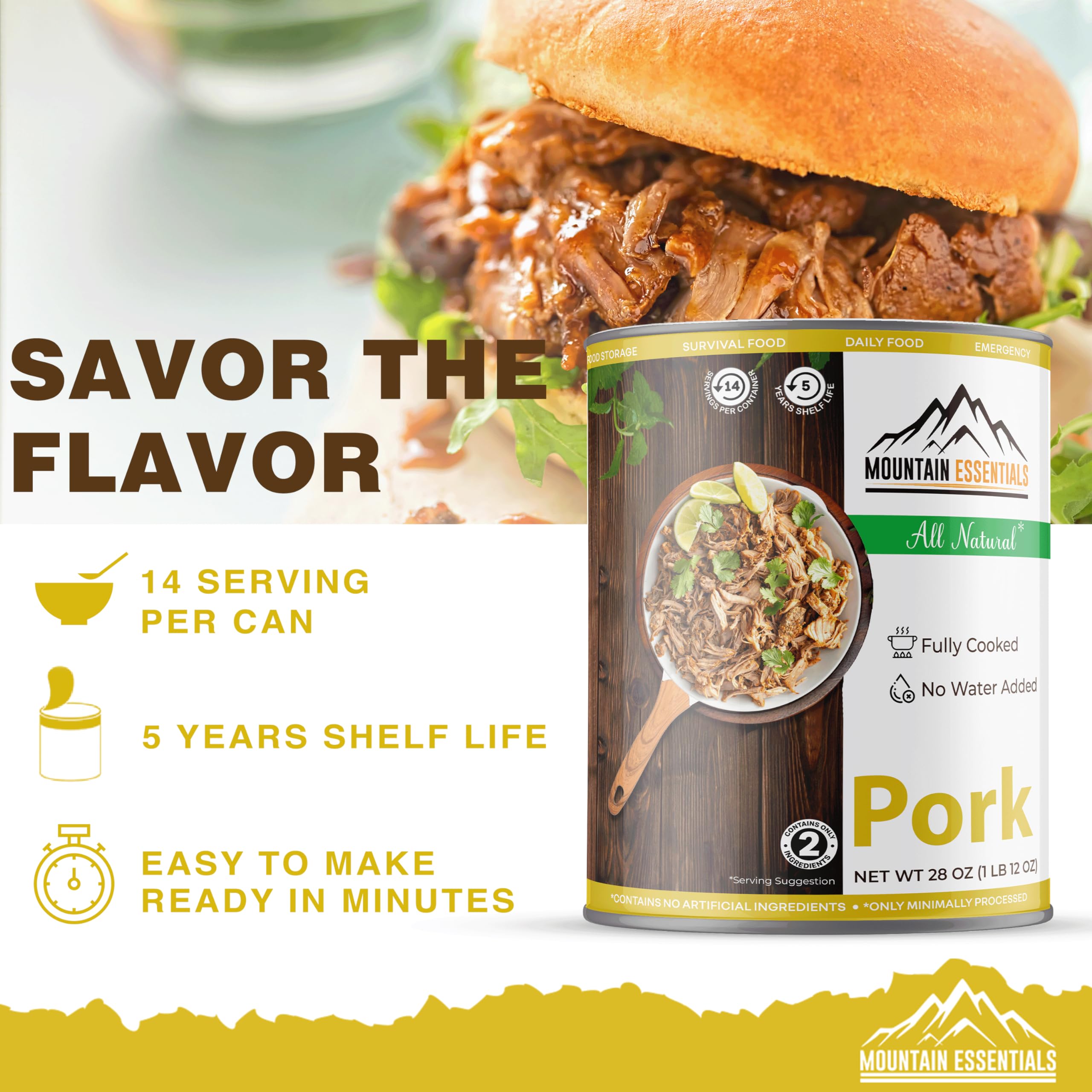 MOUNTAIN ESSENTIALS All Natural Canned Pork 28 Oz - Fully Cooked Ready to Eat Premium Meat for Emergency Survival, Backpacking & Camping | Shelf Stable Food Storage | Great for Meal Prep & Outdoor Adventures | Pack of 6