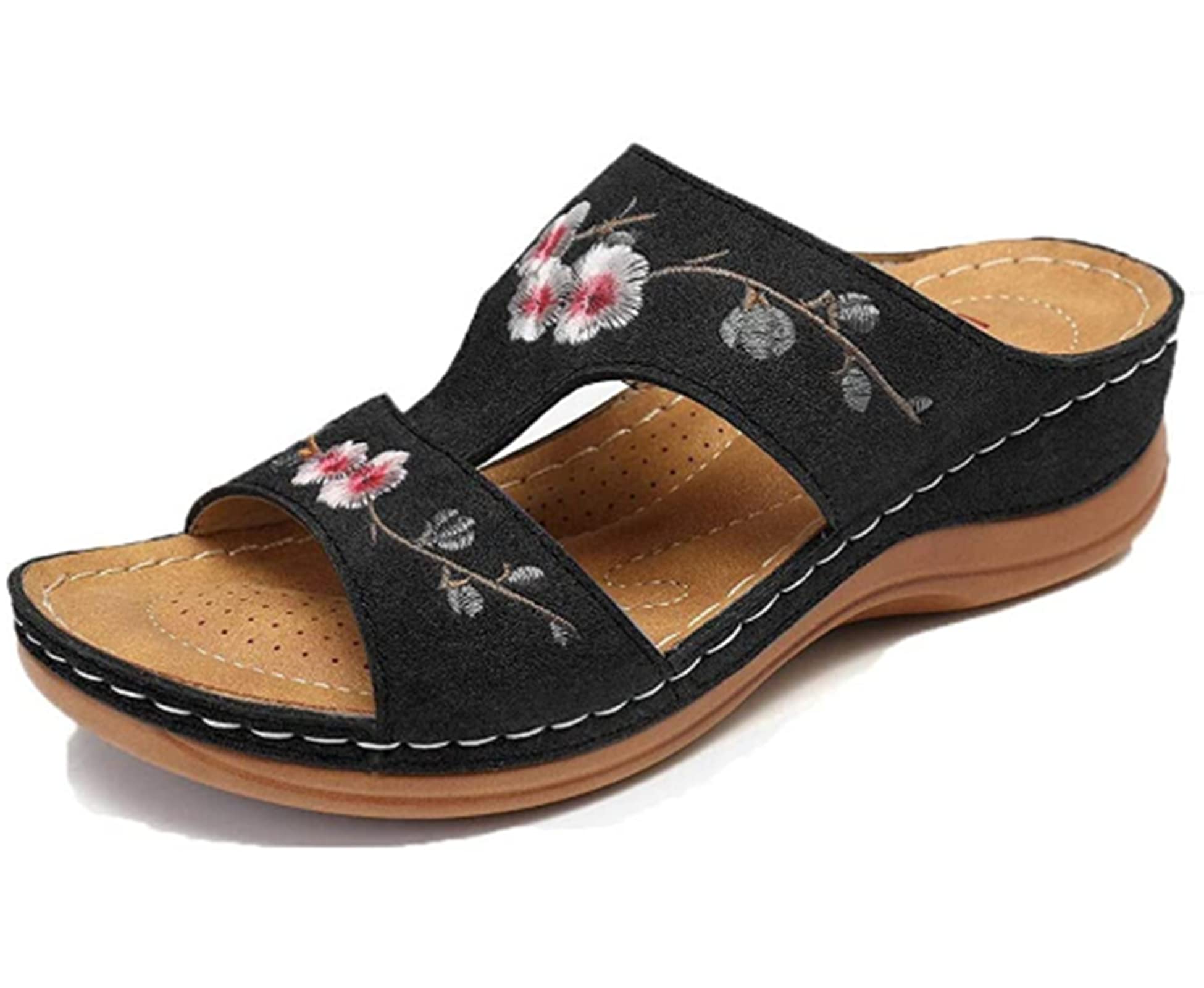 Vintage Floral Embroidered Wedge Sandals for Women - Comfortable Orthopedic Arch Support, Retro Summer Beach Platform Slippers - Black Size 10 | Perfect for Casual Outings, Vacations & Boho Fashion Styles