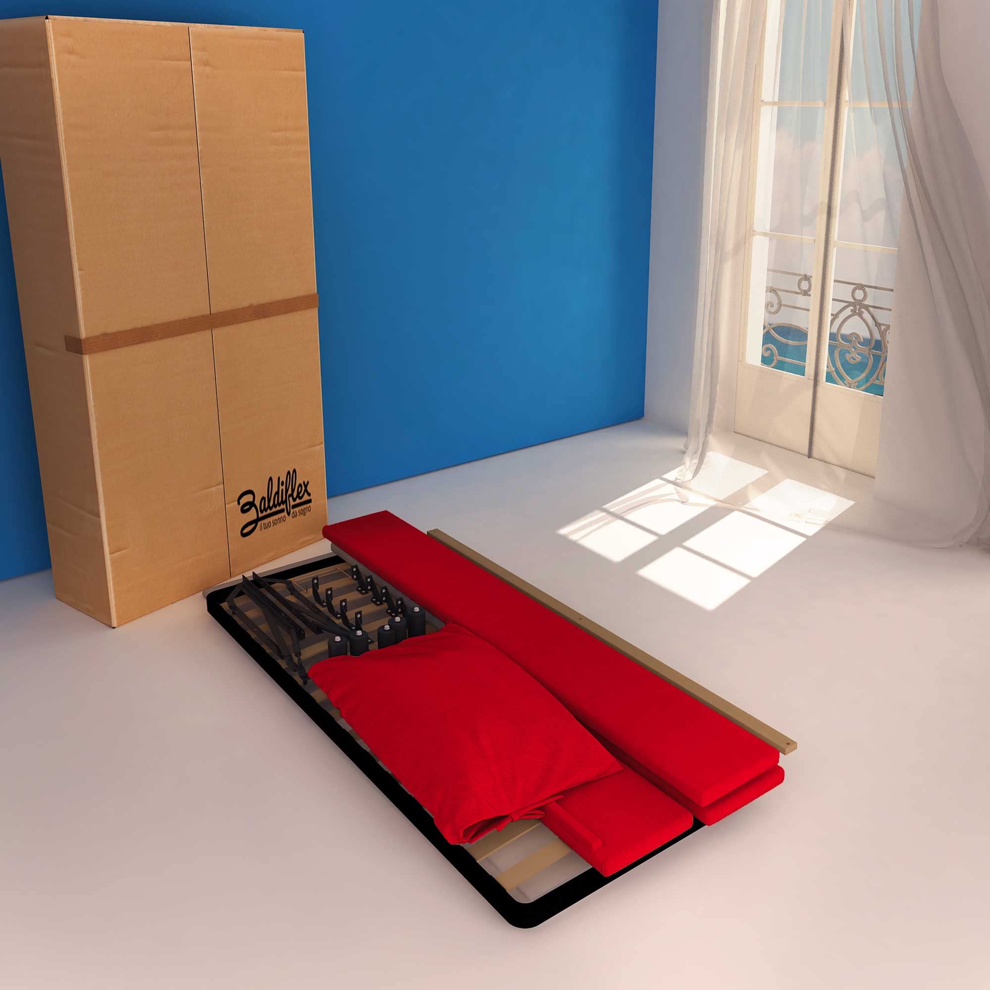 Baldiflex Single Bed with Storage - Licia Soft Synthetic Leather Upholstery, Slatted Base for Single Mattress, 90 x 190 cm, Finely Padded Headboard, Red - Perfect for Small Bedrooms, Guest Rooms & Studio Apartments