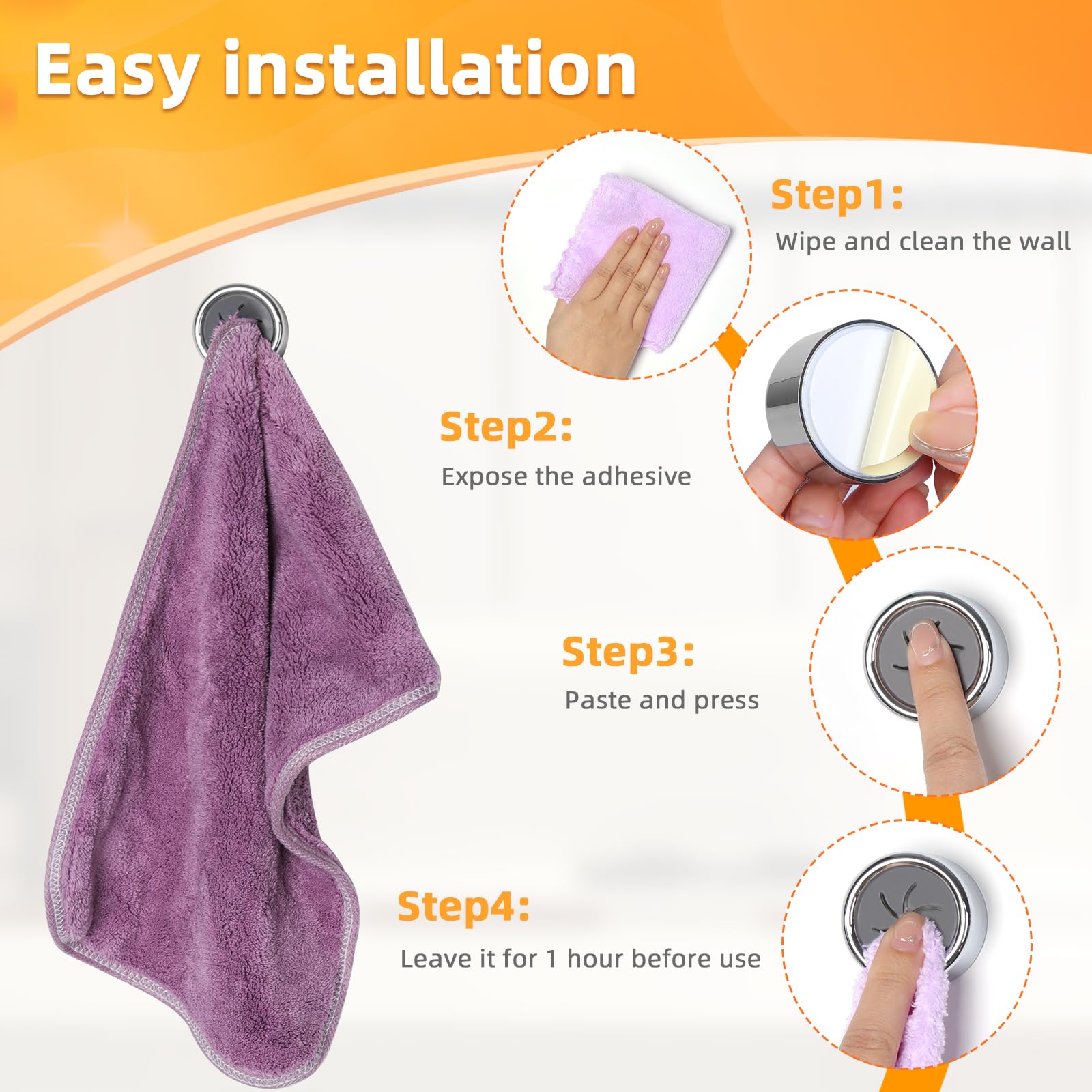 Alyvisun 6-Pack Self-Adhesive Tea Towel Hooks - No Drill Wall Mount Towel Holders for Kitchen & Bathroom - Sticks to Tile, Glass, Mirror (Holds Towels, Rags, Gloves, Bags) - Perfect for Small Spaces & Organization