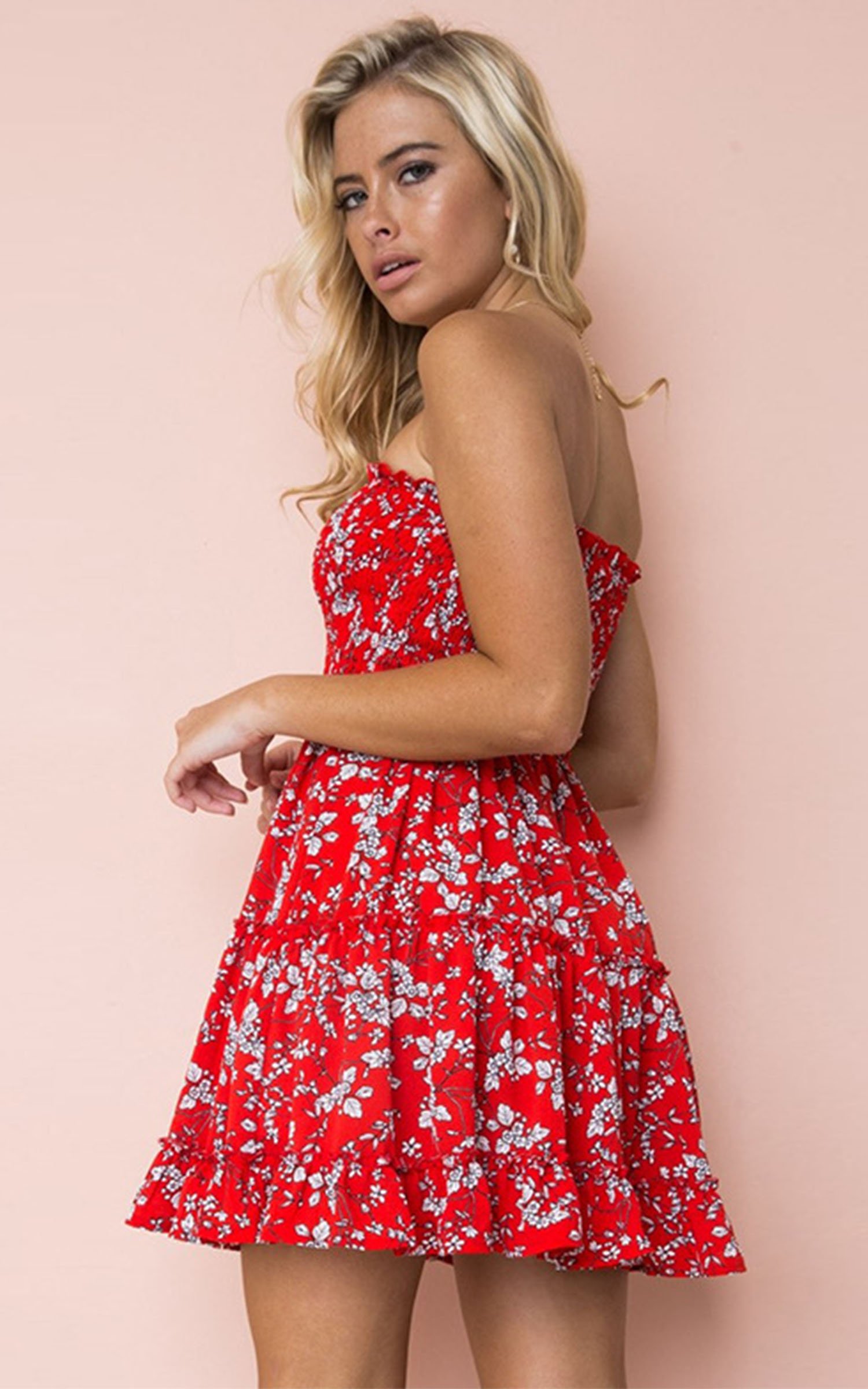 Angashion Women's Floral Strapless Pleated Flowy Skater Mini Tube Dress - Perfect for Summer Parties, Beach Vacations & Date Nights