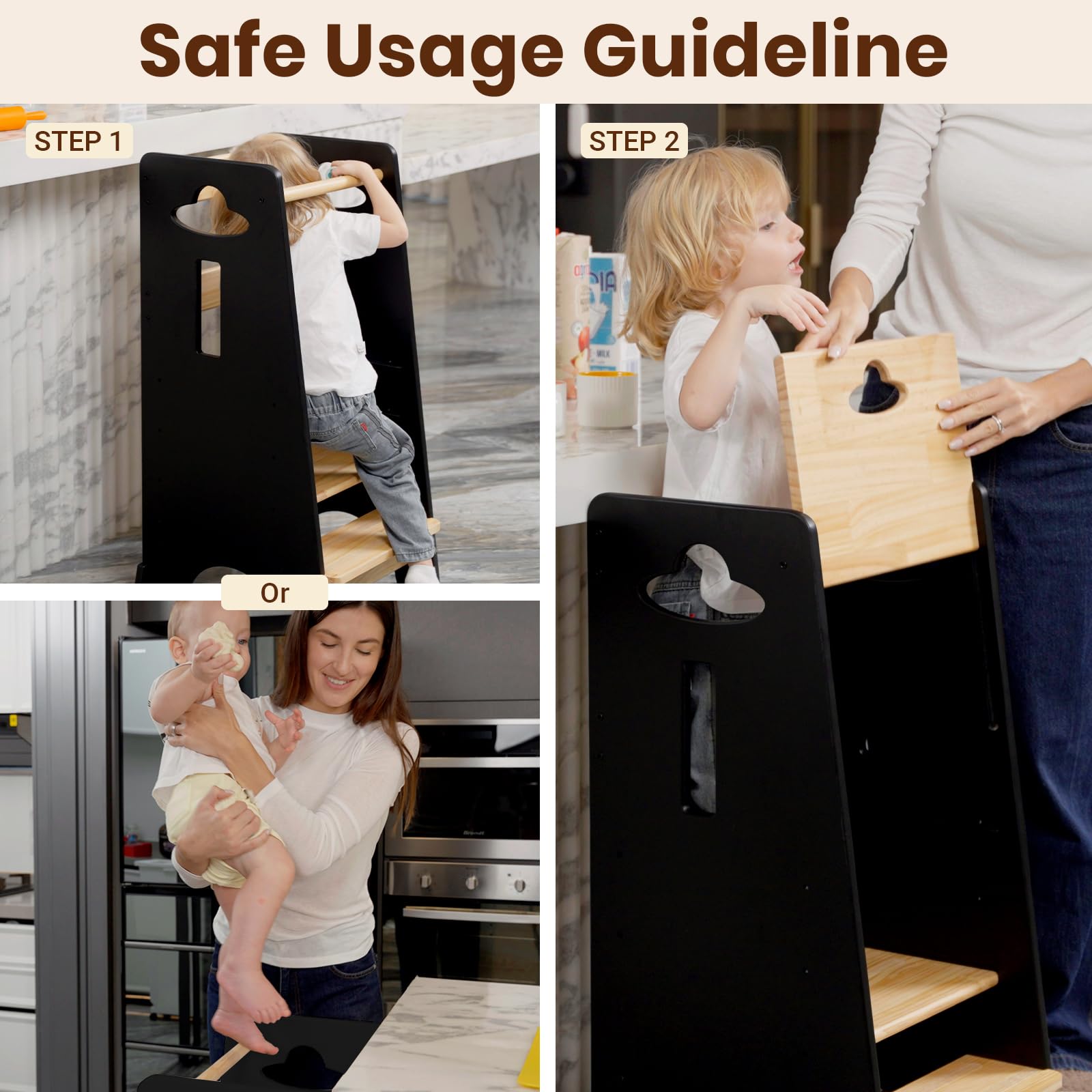 COSYLAND Adjustable Toddler Learning Tower - Sturdy Wooden Kitchen Helper Stool for Kids with 3 Height Levels (Natural & Black) - Perfect for Baking, Cooking & Learning Independence in the Kitchen
