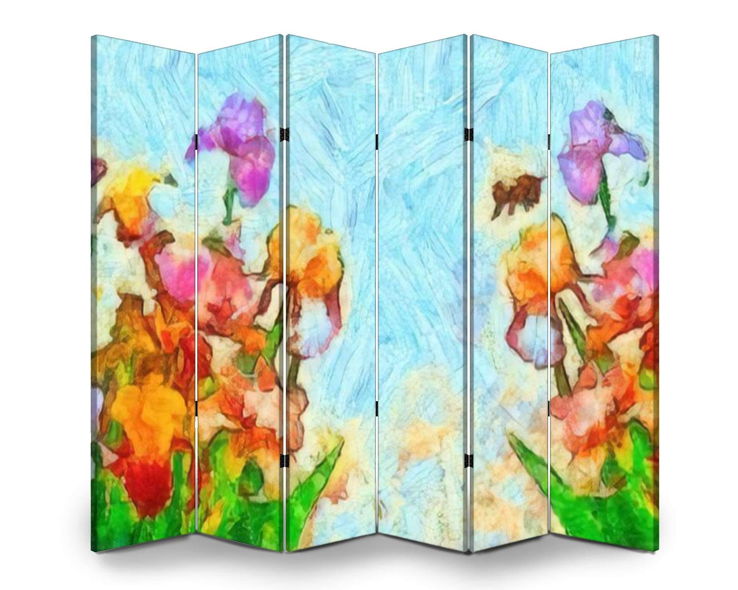 APED DECOR 6-Panel Wooden Room Divider with Floral Canvas Art - Dual-Sided Folding Privacy Screen for Home Office, Bedroom Partition & Indoor Wall Decor