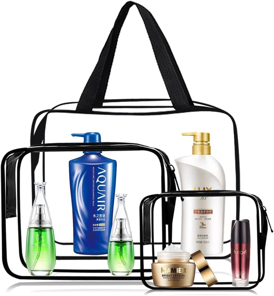**DIVHUK 3-Piece Clear Plastic Cosmetic Bag Set - Waterproof Travel Toiletry Pouch with Zipper & Handle for Makeup Brushes & Essentials - Perfect for Women's Air Travel, Gym, and Daily Organization (Transparent)**