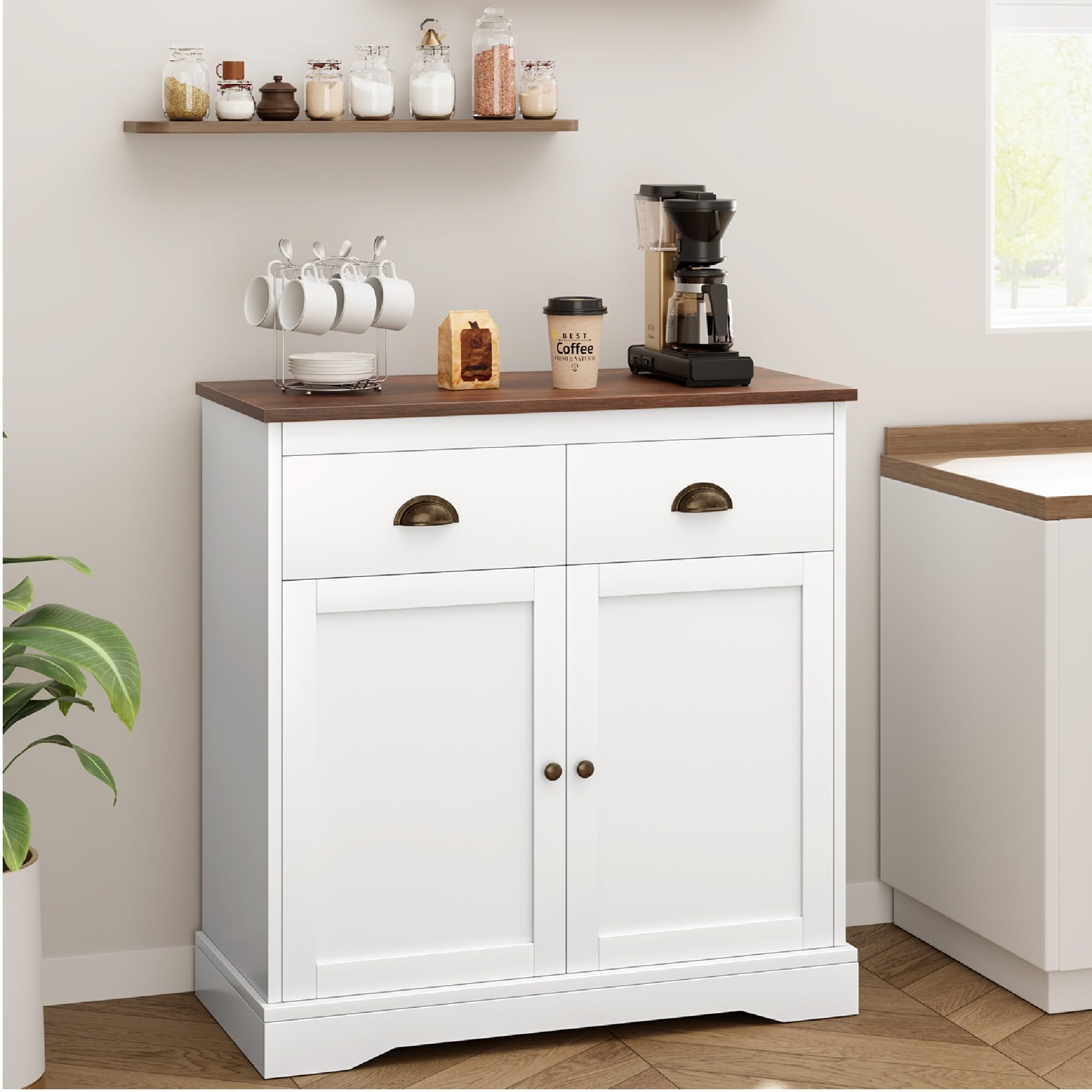 Modern Farmhouse Coffee Bar Cabinet - White Kitchen Buffet with 2 Drawers & Adjustable Shelf, Double Door Storage for Dining Room or Home Office | Perfect for Coffee Station, Bar Cart, or Kitchen Organization