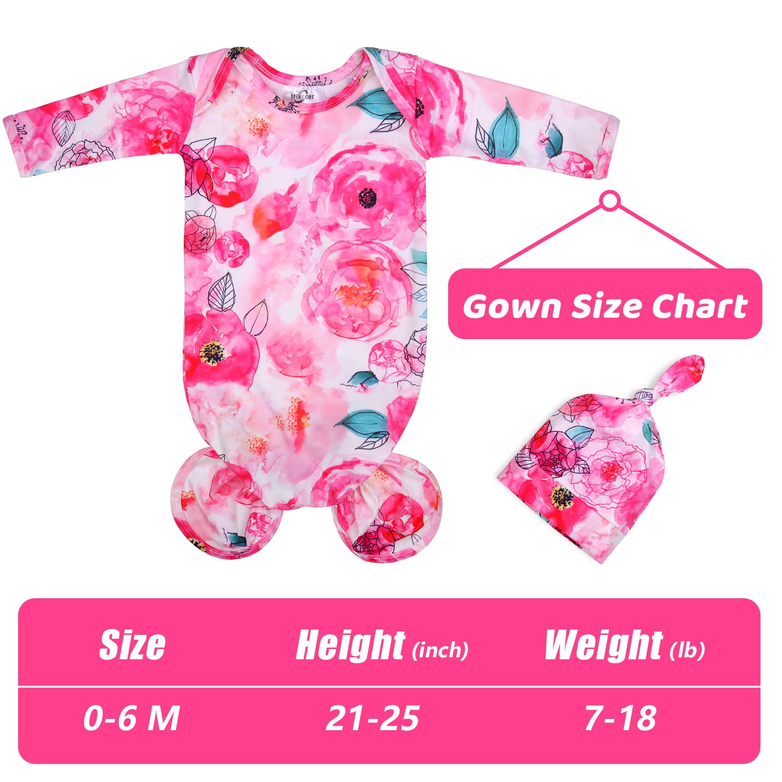 Super Soft Knotted Baby Gown for Newborn Girls | Breathable Infant Sleeper & Coming Home Outfit with Hat Set | Perfect for Nighttime, Hospital & Photo Shoots