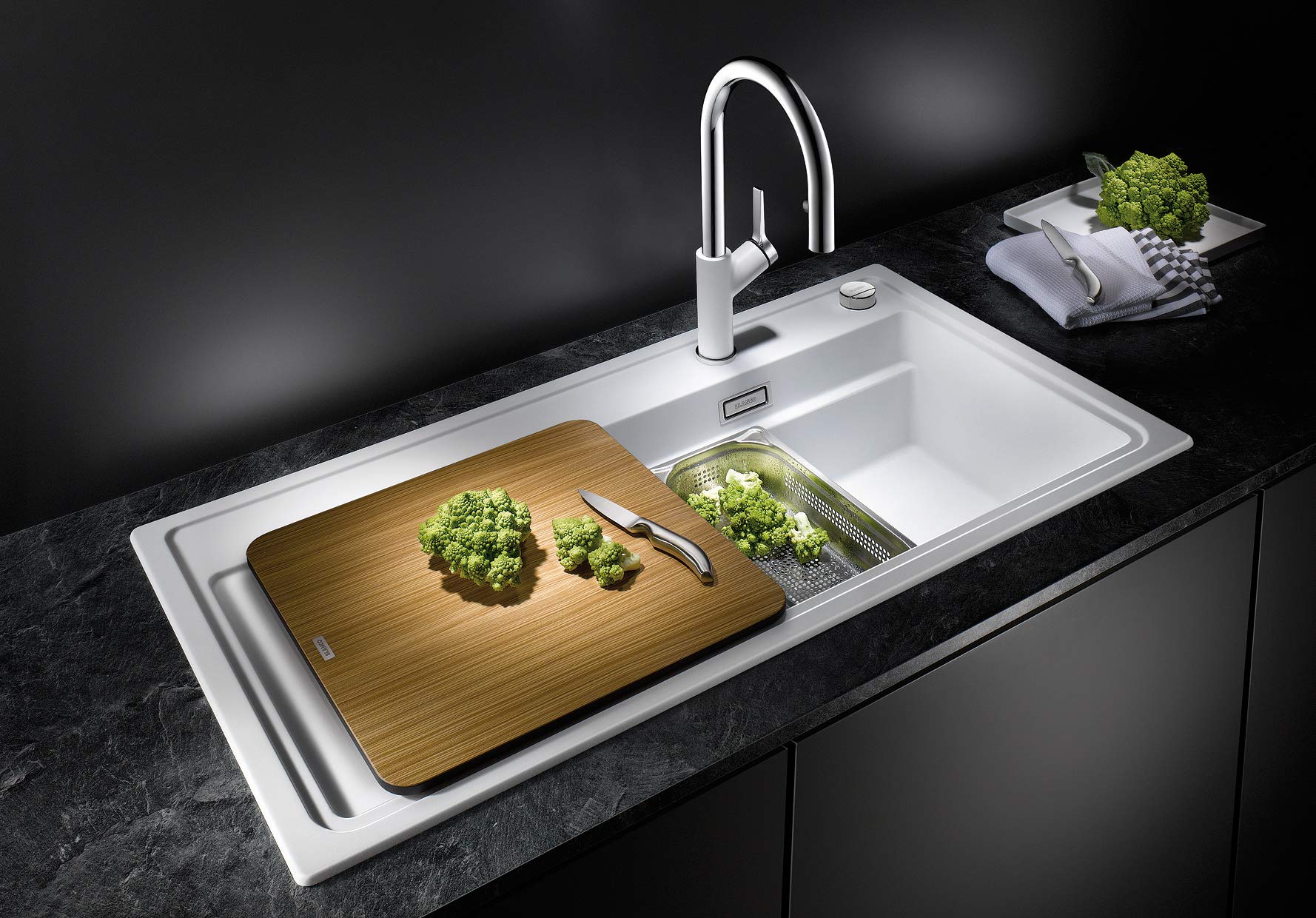 BLANCO 524081 Steamer Plus Zenar XL 6 S Silgranit PuraDur Steam Cooker with Drain Control & Glass Chopping Board - Right-Hand Basin Undermount Sink, 60cm - Perfect for Modern Kitchens, Cooking, and Food Preparation