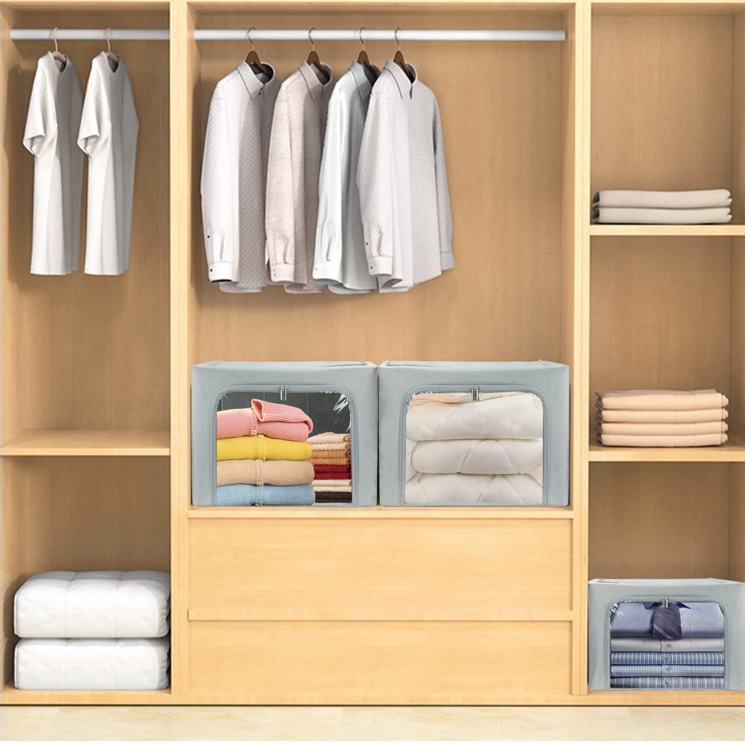 Foldable Stackable Clothes Storage Bins - 3 Pack Medium (40L) Grey - Sturdy Frame Organizer for Seasonal Clothing, Blankets, Towels, Bed Sheets & Toys - Perfect for Closet, Shelf & Home Organization