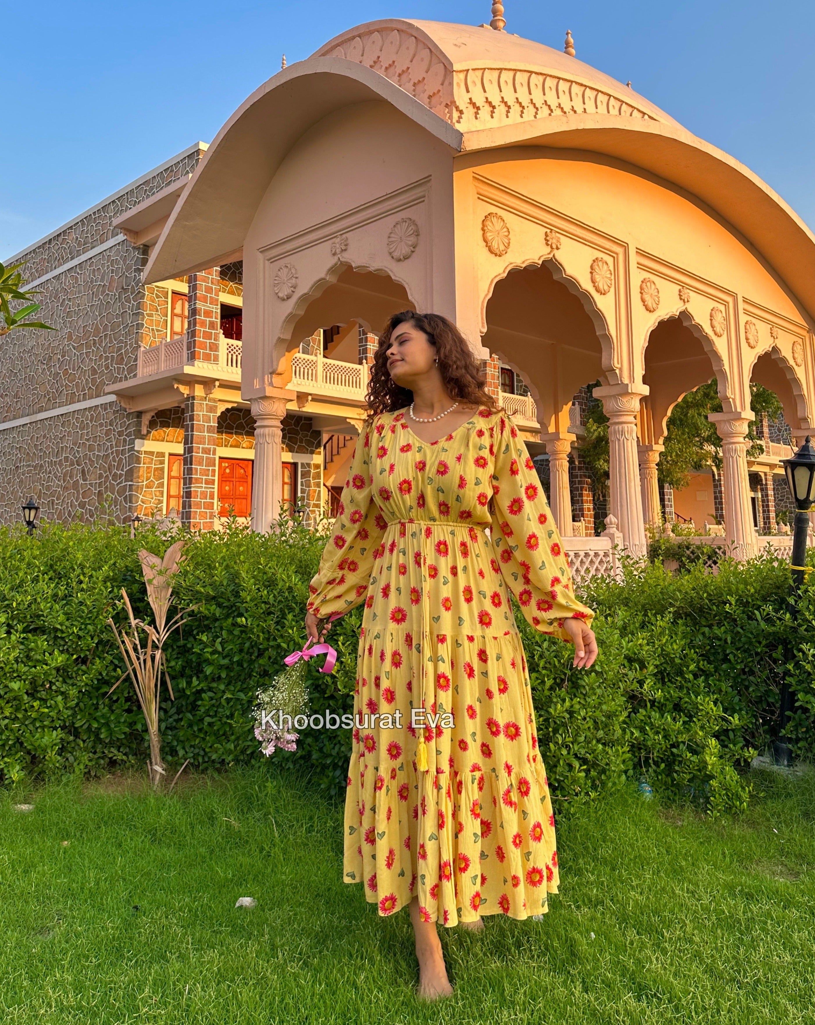 Lily Yellow Ruffle Midi Dress - Flowy Summer Dress for Women, Beach Wedding Guest Outfit, Boho Chic Party Dress