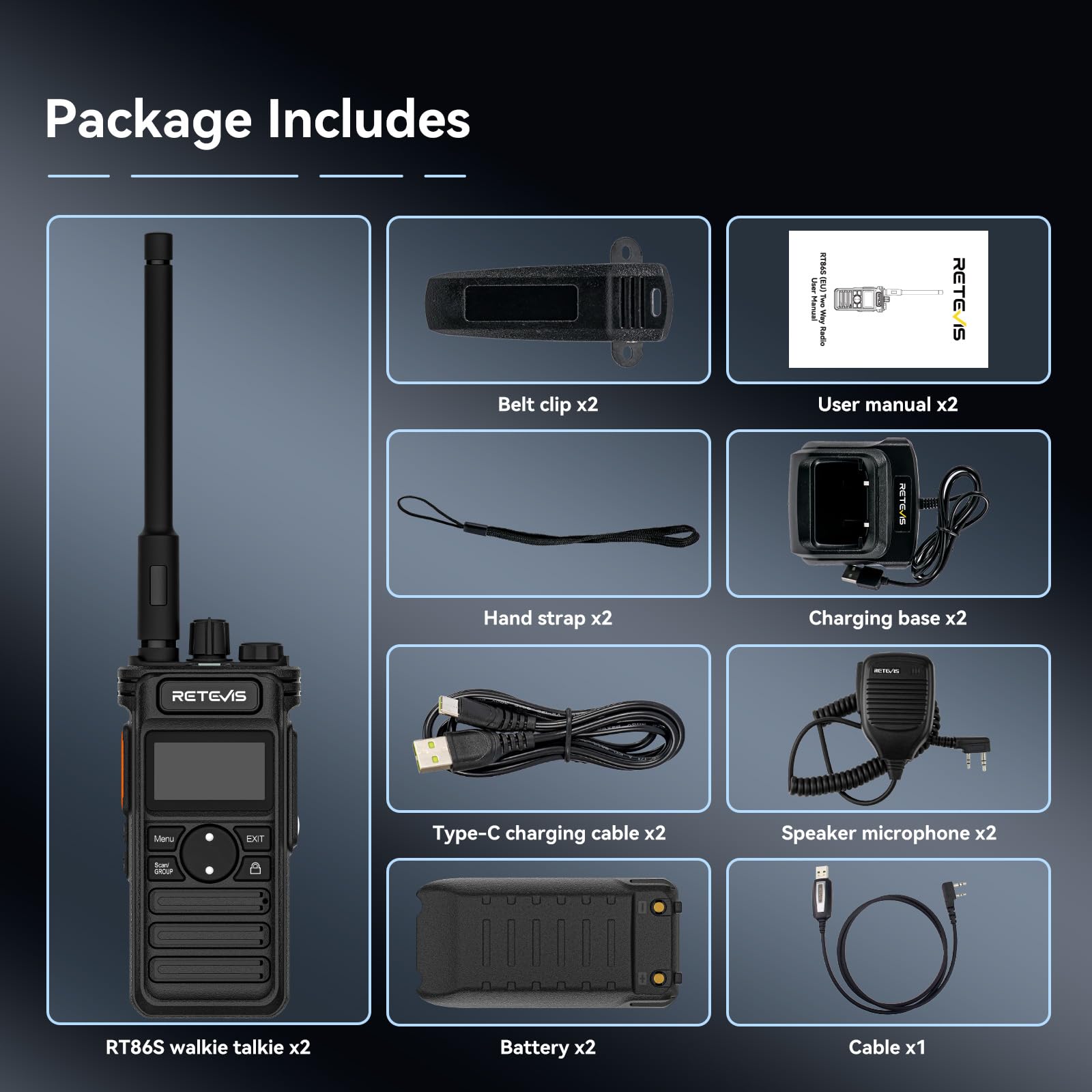 Retevis RT86S Long Range Walkie Talkies - Professional 2 Way Radios with Type C Charging, LCD Display & 2600mAh Battery - Heavy Duty Communication for Security Teams, Construction & Outdoor Adventures (Black, 2 Pack)