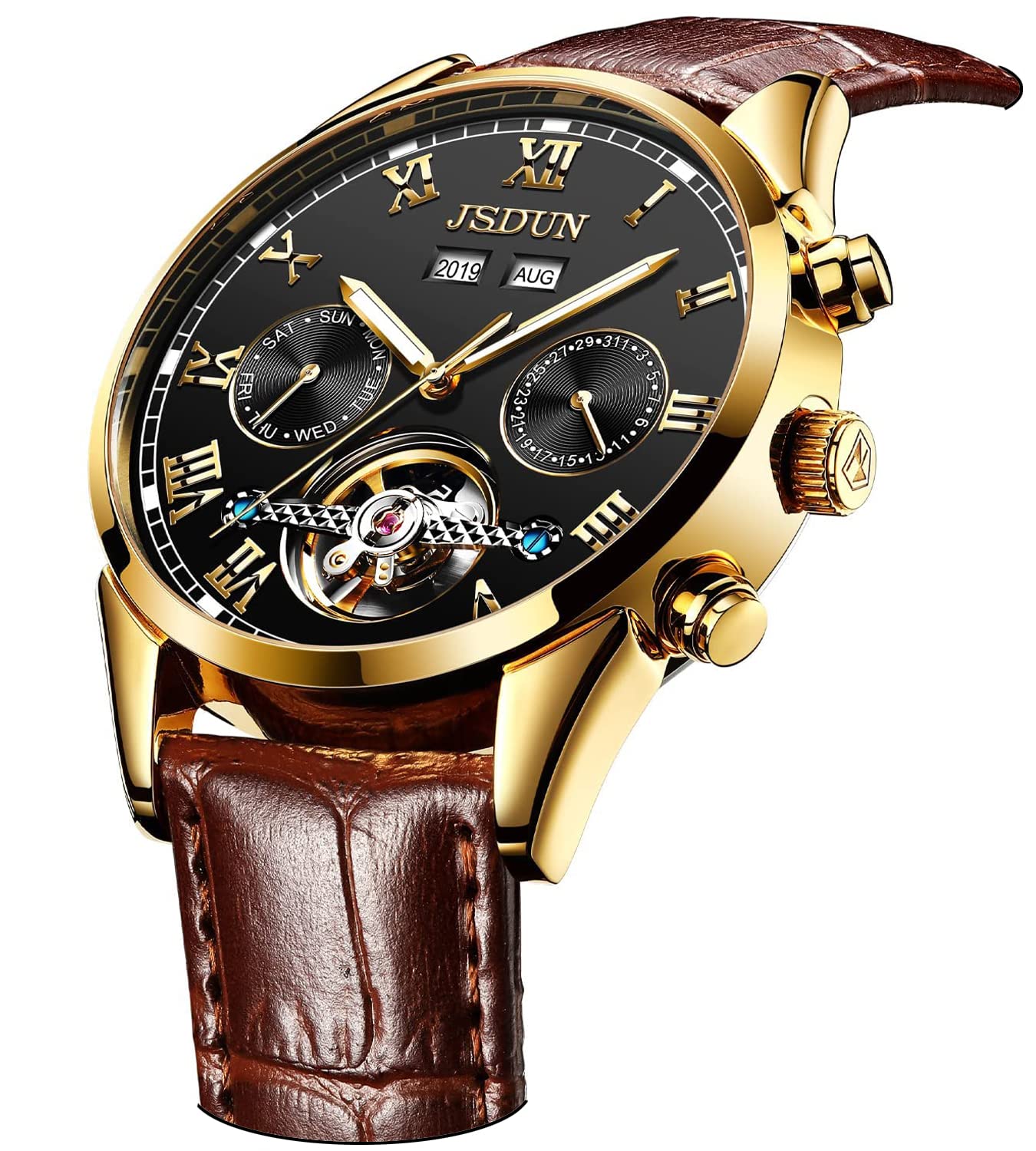 Luxury Automatic Mechanical Tourbillon Watch for Men - Self Winding, Waterproof, Luminous, Calendar, Business Leather Strap - Perfect for Formal Events, Office Wear & Special Occasions