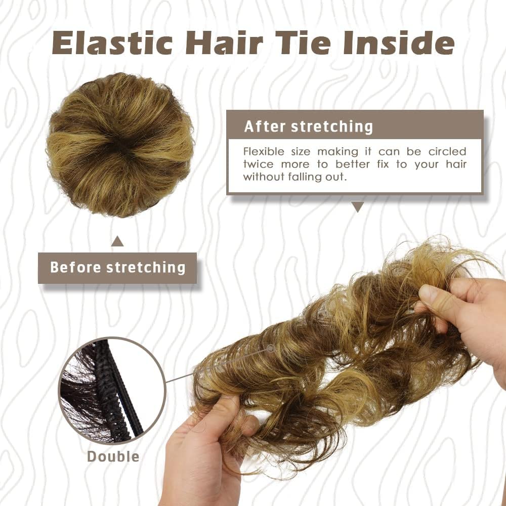Majik Human Hair Scrunchies - Thick Curly Messy Bun Hairpiece Extensions for Women & Girls - Natural Brown Blonde Mix - Perfect for Updos, Ponytails & Everyday Hairstyles