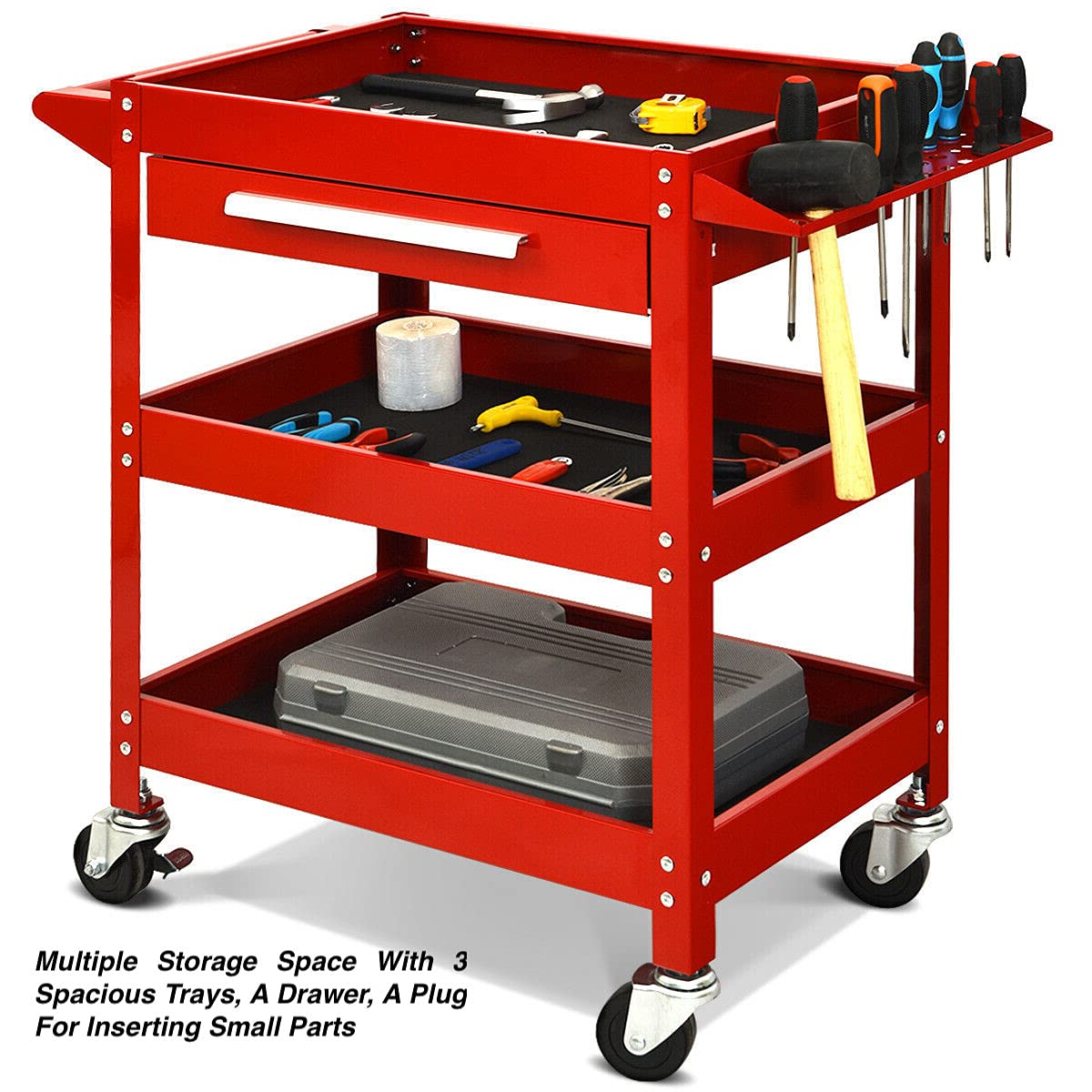 3-Tier Red Rolling Tool Cart with Drawers - Heavy Duty Steel Mechanic Toolbox Organizer for Garage, Workshop & Warehouse | Multi-Storage Space, Drawer Plug | Perfect for DIY Projects & Professional Use