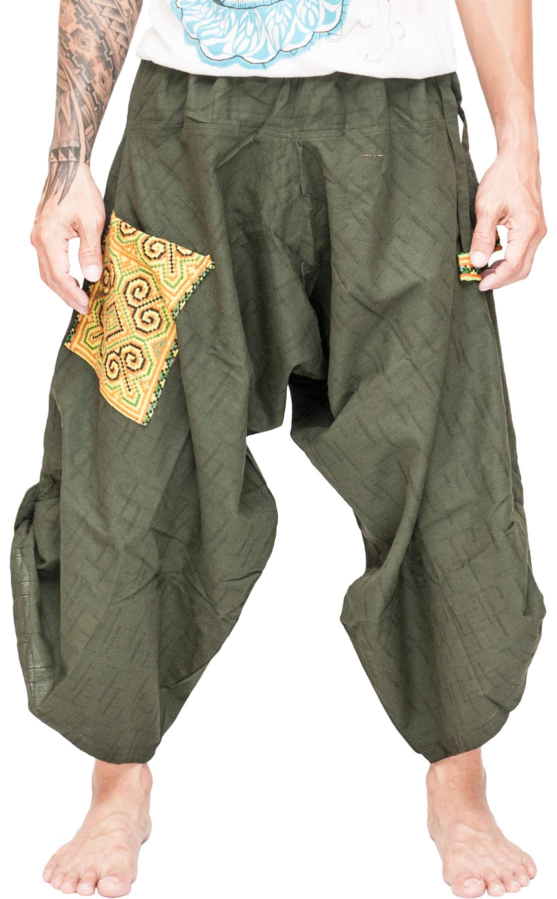 BohoHill Hmong Tribal Print Samurai Harem Pants with Pockets - Lightweight Parkour & Martial Arts Pants for Yoga, Dance, and Streetwear Fashion