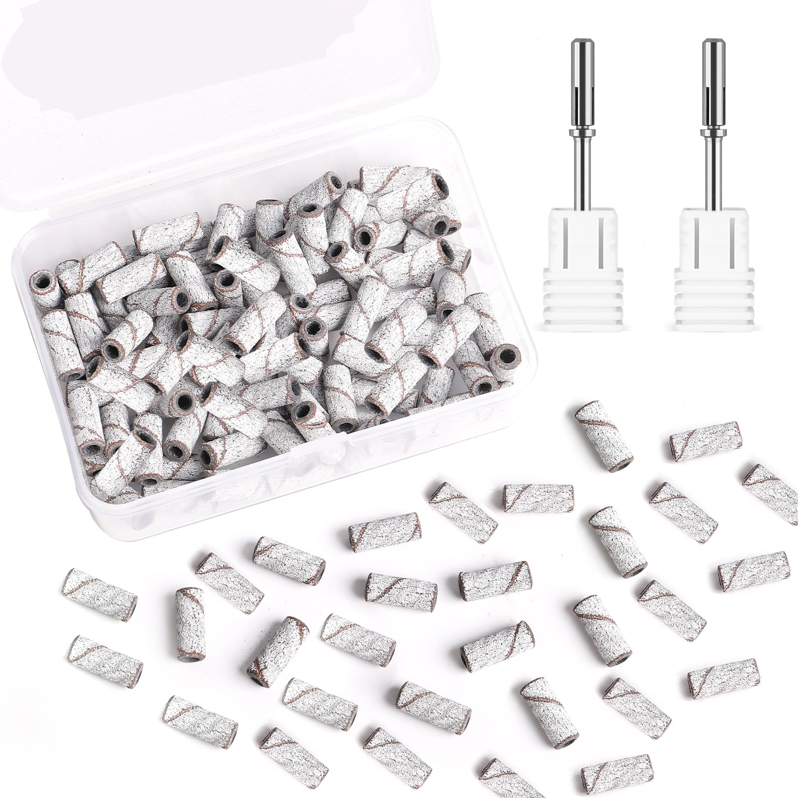 BQAN 100pcs 180 Fine Grit Nail Sanding Bands for Drill - Small Sanding Bands for Acrylic Nails & Gel Manicure with 2pcs 3.1mm Mandrel Drill Bits | Perfect for Nail Salons, Home Manicures & Professional Nail Art