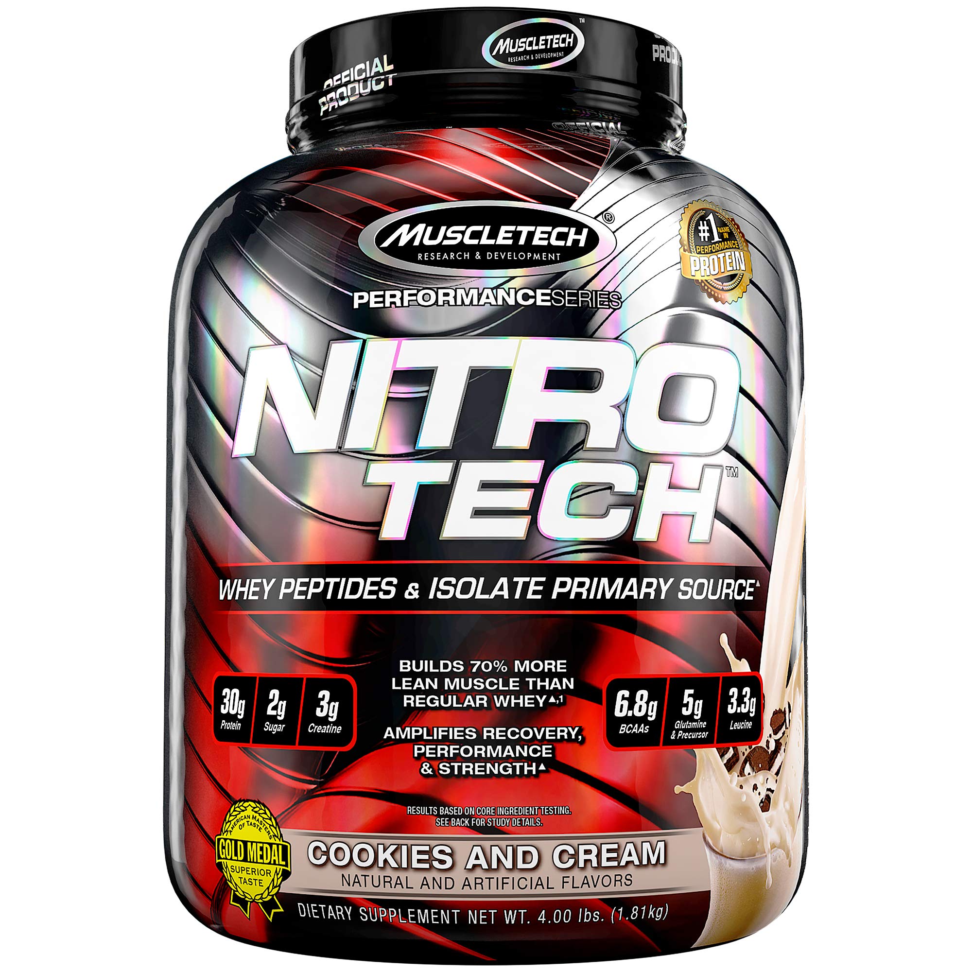 Nitro-Tech Whey Protein Isolate & Peptides Powder - 4lb (40 Servings) | Premium MuscleTech Protein + Creatine Supplement for Muscle Growth | Ideal for Men & Women | Cookies & Cream Flavor | Perfect for Post-Workout Recovery & Fitness Nutrition