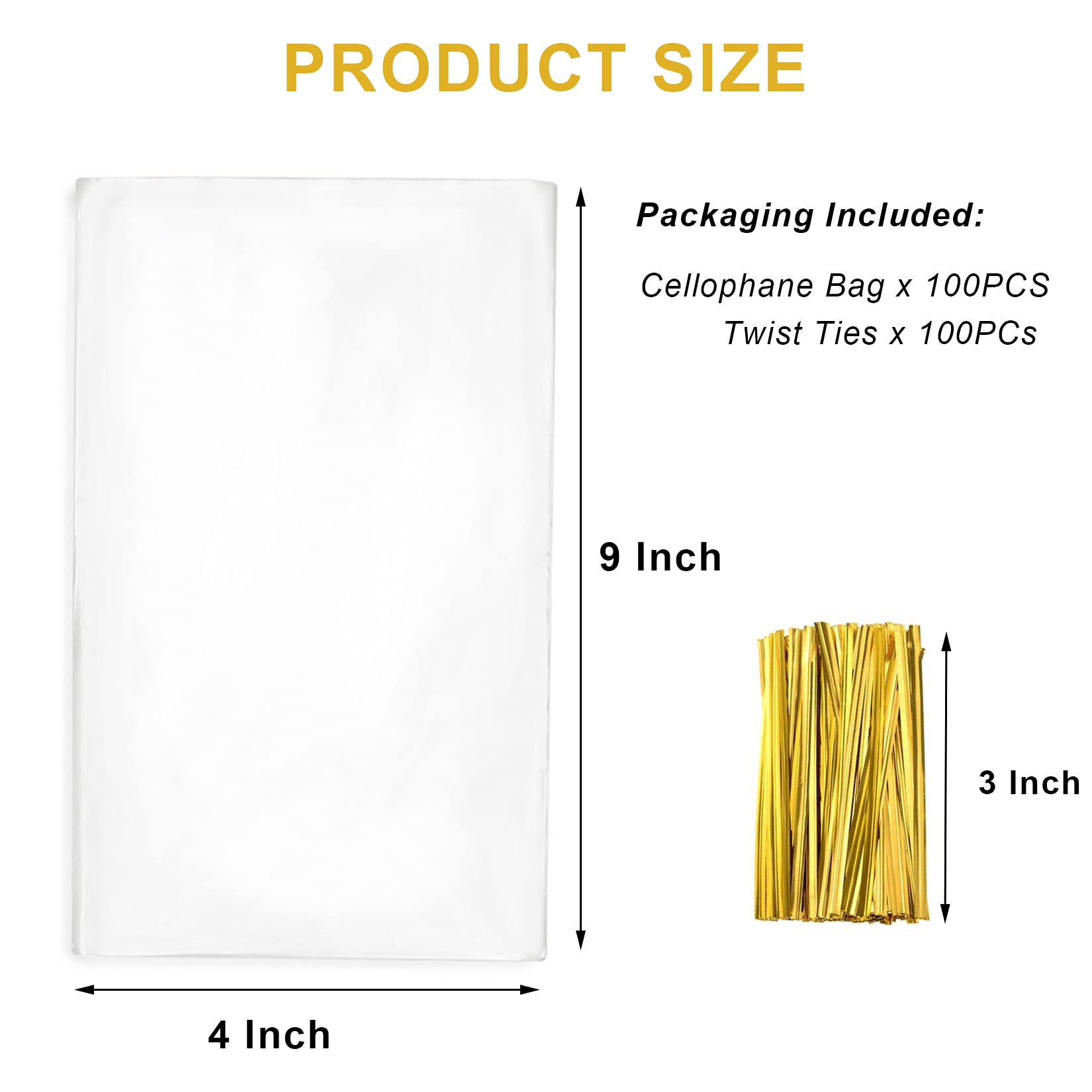 Yotelab 4x9 Inches Clear Cellophane Treat Bags with Twist Ties - 100 Pack | Perfect for Candy, Cookies, Party Favors & Gift Wrapping