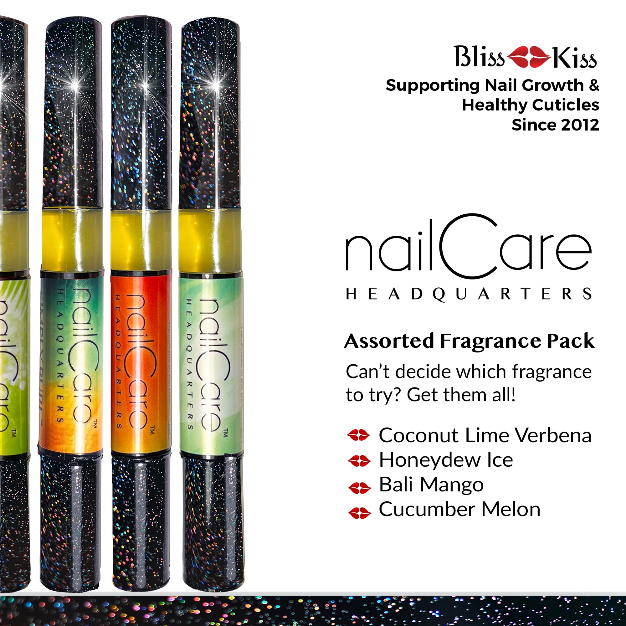 Cuticle Oil Pen for Nails - Nail Strengthener & Growth Serum with Jojoba Oil - Repair Damaged Nails & Hangnails - Mixed Fragrances Holographic Glitter Pens (4-Pack) - Perfect for Manicures, At-Home Nail Care & Gift Sets