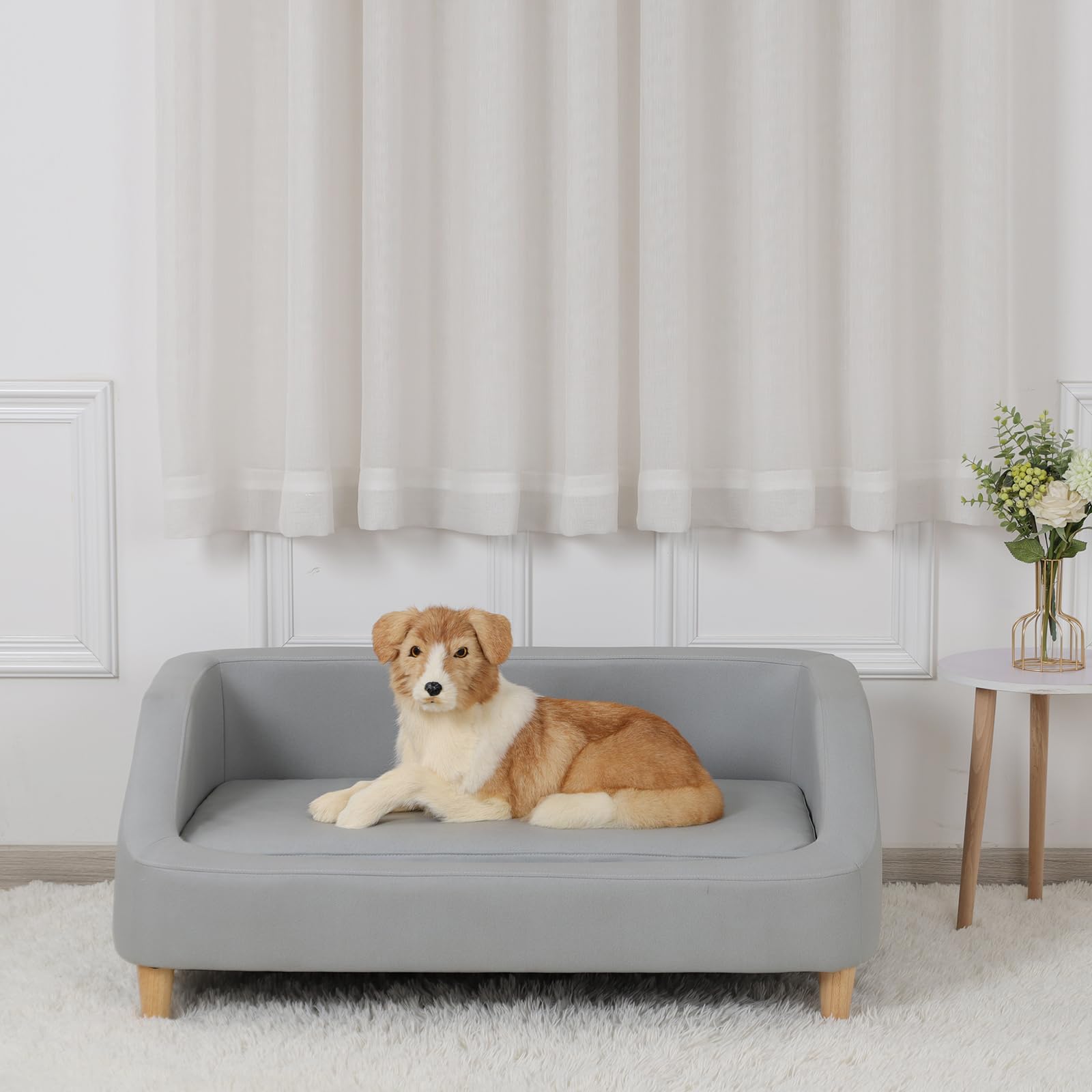Premium Orthopedic Dog Bed with Removable Washable Cover - Elevated Pet Sofa Bed for Cats & Small Dogs - Comfortable Sleeping Couch with Wooden Legs (Grey) - Perfect for Living Rooms, Bedrooms & Pet Spaces