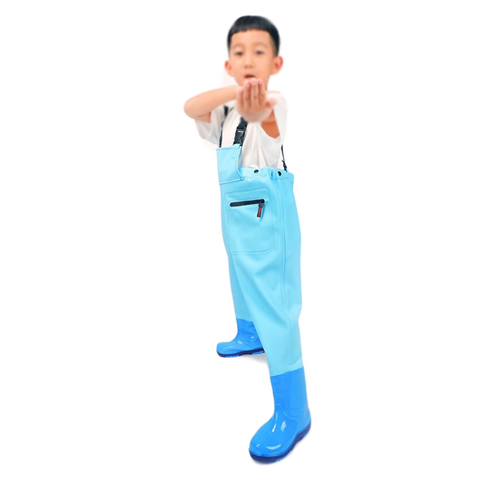 **Kids Waterproof Fishing Waders with Non-Slip Boots - Adjustable Shoulder Straps & Zippered Pocket - Blue (Size 34EU) - Ideal for Fishing, Beach Play & Outdoor Water Activities**