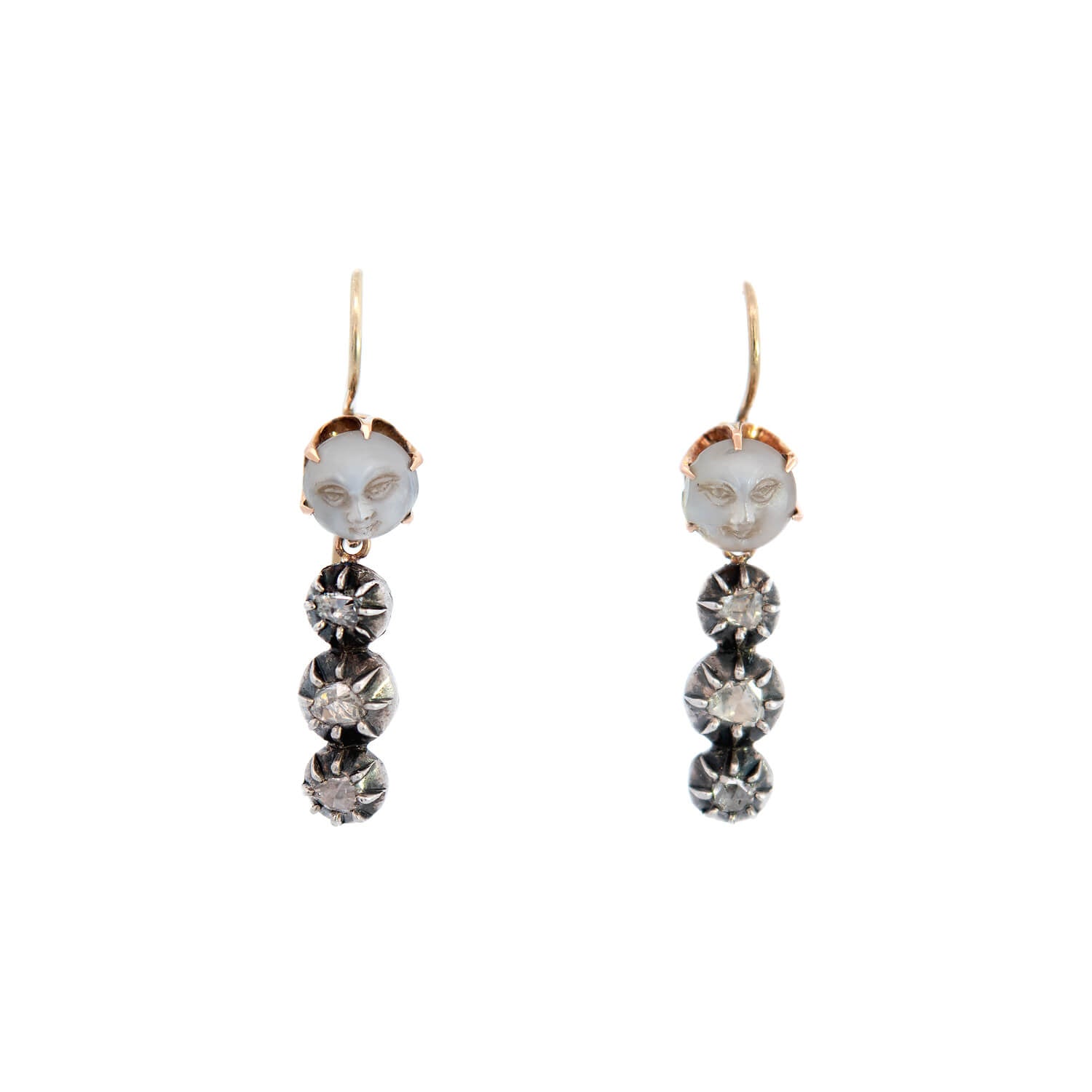 Victorian Style 14K Gold & Sterling Silver Moonstone and Diamond Earrings for Women - Elegant Man in the Moon Design, Perfect for Weddings, Parties & Special Occasions