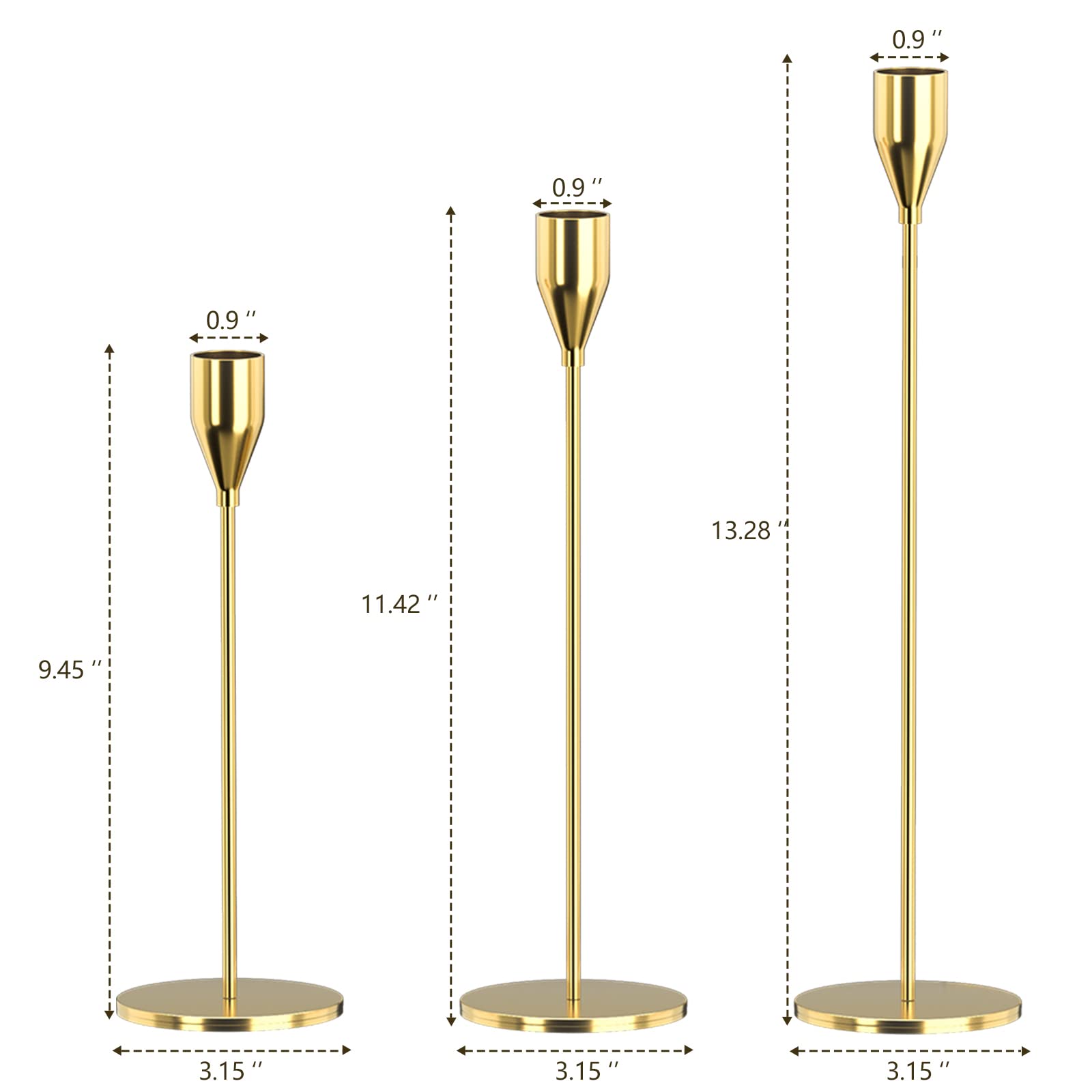 3-Piece Gold Metal Candle Holders Set for Taper Candles - Decorative Candlestick Stand Fits 3/4 Inch Thick Candles & LED Lights - Perfect for Weddings, Dining Tables, Parties & Home Decor