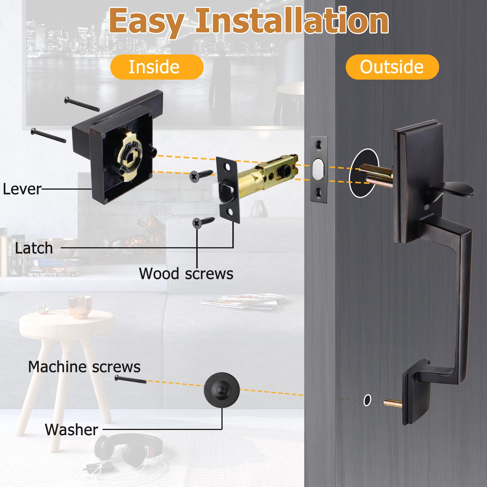 Azdele Bronze Front Door Handle Set - Oil Bronze Entry Door Lever with Reversible Right/Left Hand Design - Venetian Bronze Lower Half Lever for Home Security & Elegant Entrance (Ideal for Front Doors, Entryways & Main Gates)