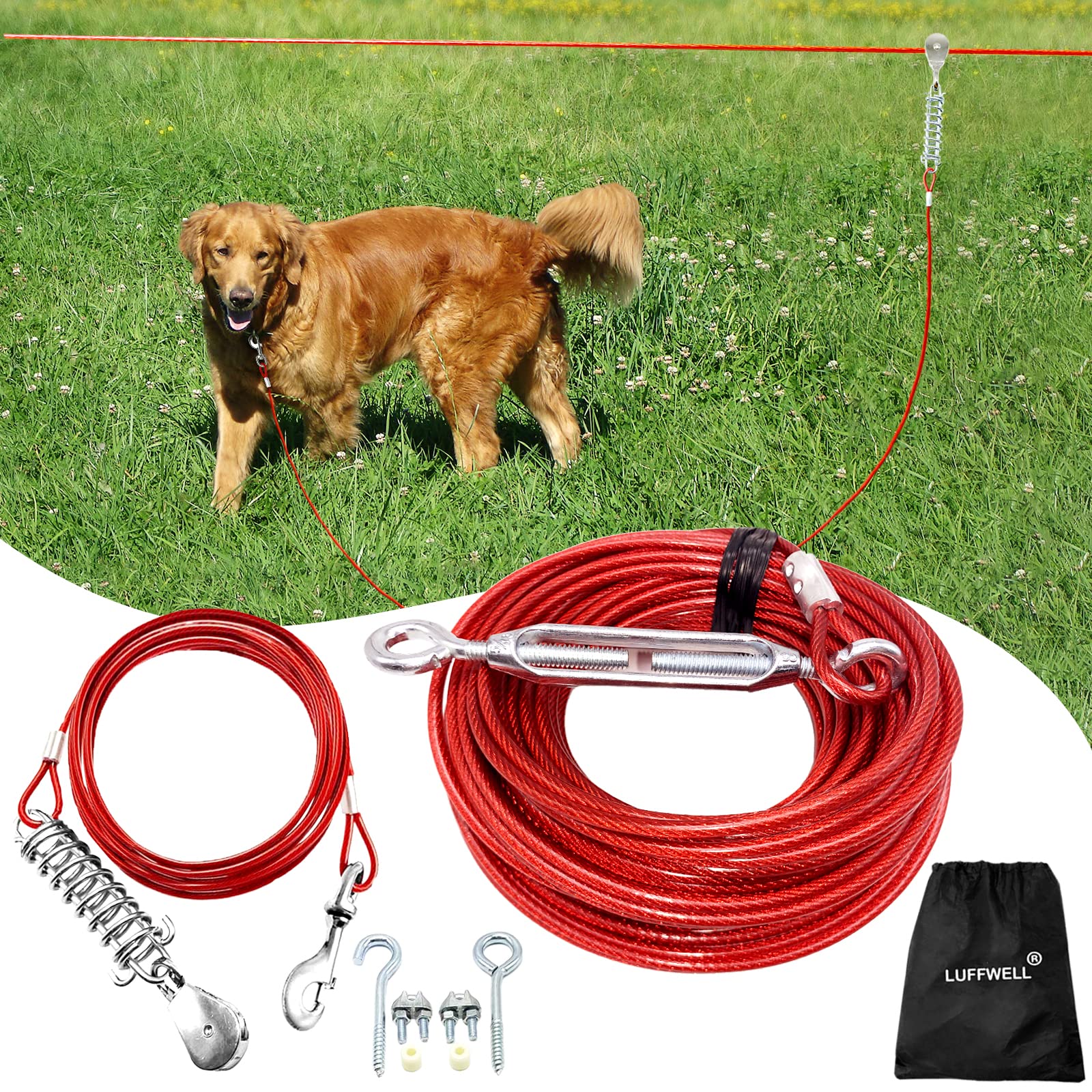 Heavy Duty 100FT Dog Run for Large Dogs Up to 250LBS - 15FT Tie Out Cable with Trolley Zipline System - Perfect for Backyard, Yard & Outdoor Dog Exercise & Playtime
