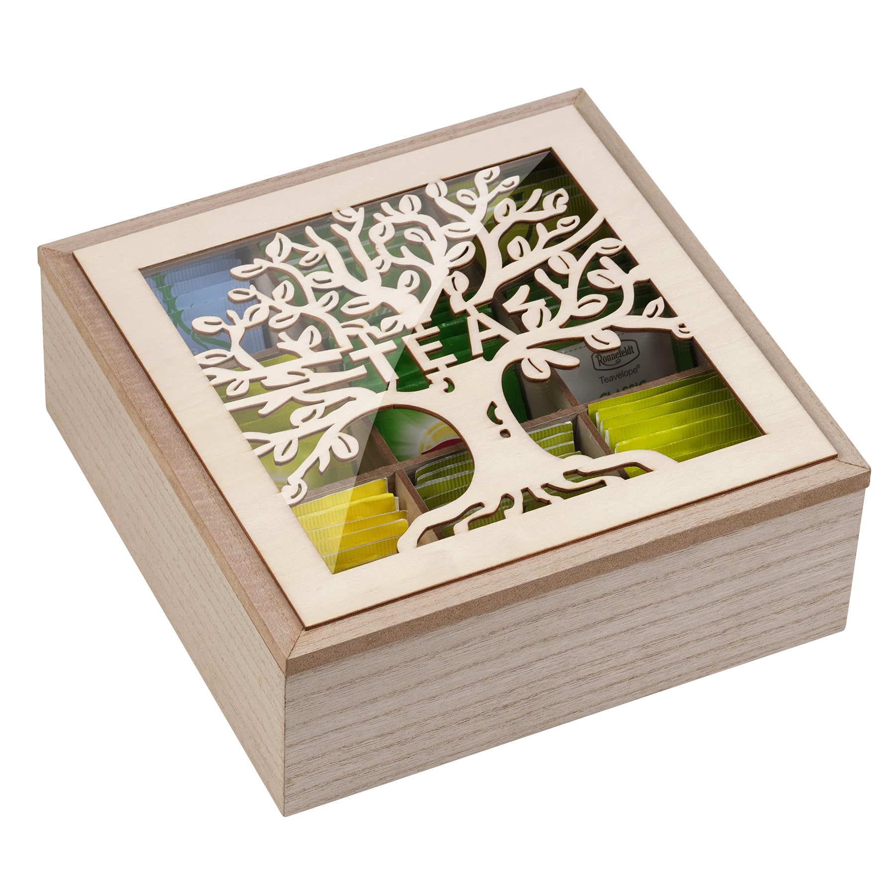 Premium Wooden Tea Box Organizer - Tea Bag Holder & Storage for Loose Leaf & Tea Bags | Perfect for Kitchen Countertop, Office Desk & Gift Giving