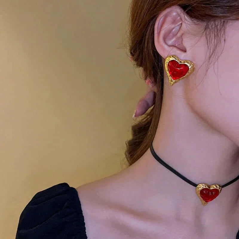 Vintage Red Heart Pendant Suede Choker Necklace for Women | HN2523 | Valentine's Day Gift, Romantic Date Jewelry, 90s Retro Accessory