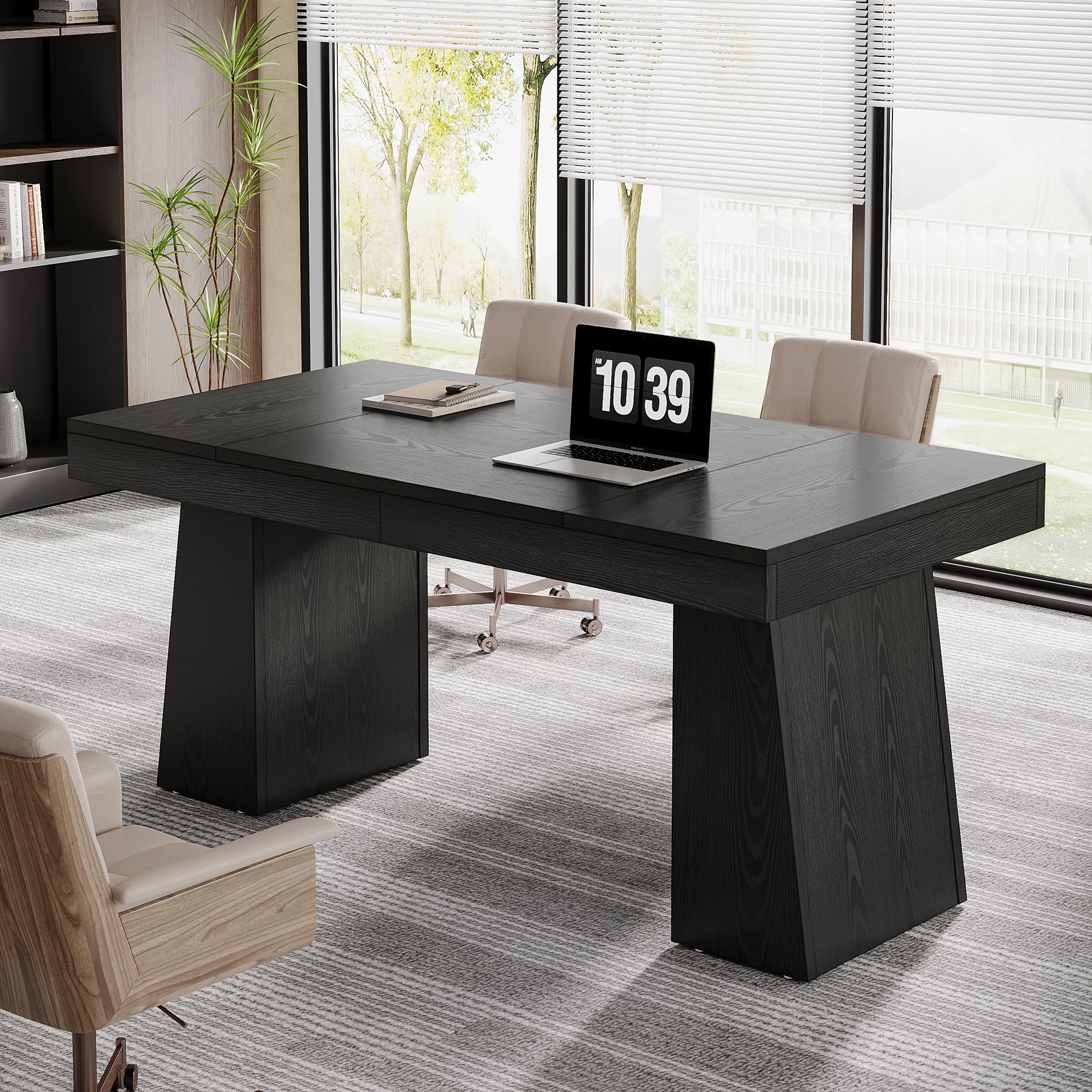 Tribesigns 55 Inch Modern Executive Desk - Mid Century Style Home Office Desk with Sturdy Double Trapezoid Base, Wooden Computer Desk for Business & Conference Room (Black) | Perfect for Small Office Spaces & Remote Workstations