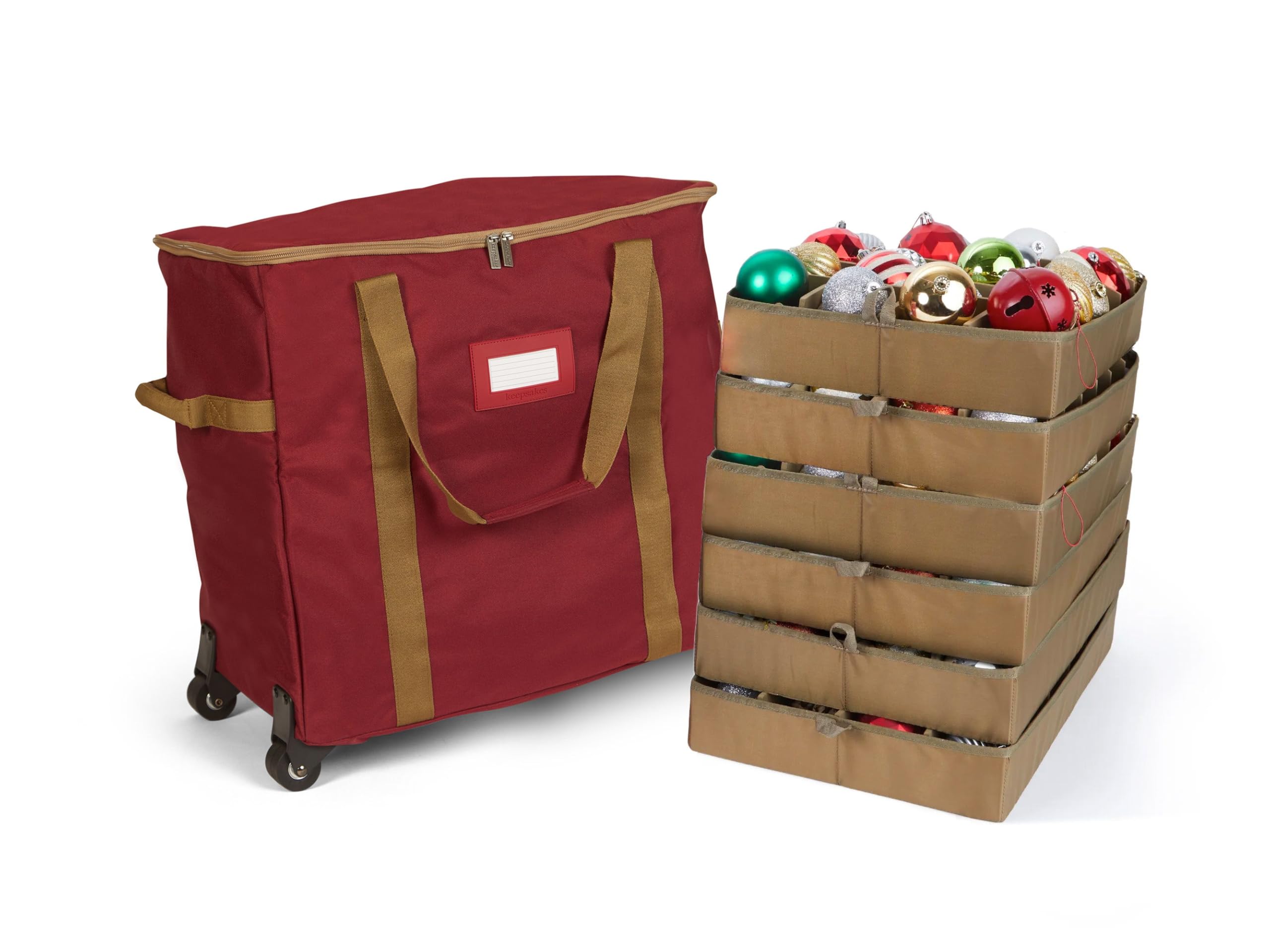 Covermates Keepsakes Rolling Adjustable Ornament Storage Bag with Carrying Handles - Padded Protection & Dual Wheels for Holiday Decorations (Red) - Perfect for Christmas Tree Ornaments, Holiday Decor Storage & Seasonal Organization