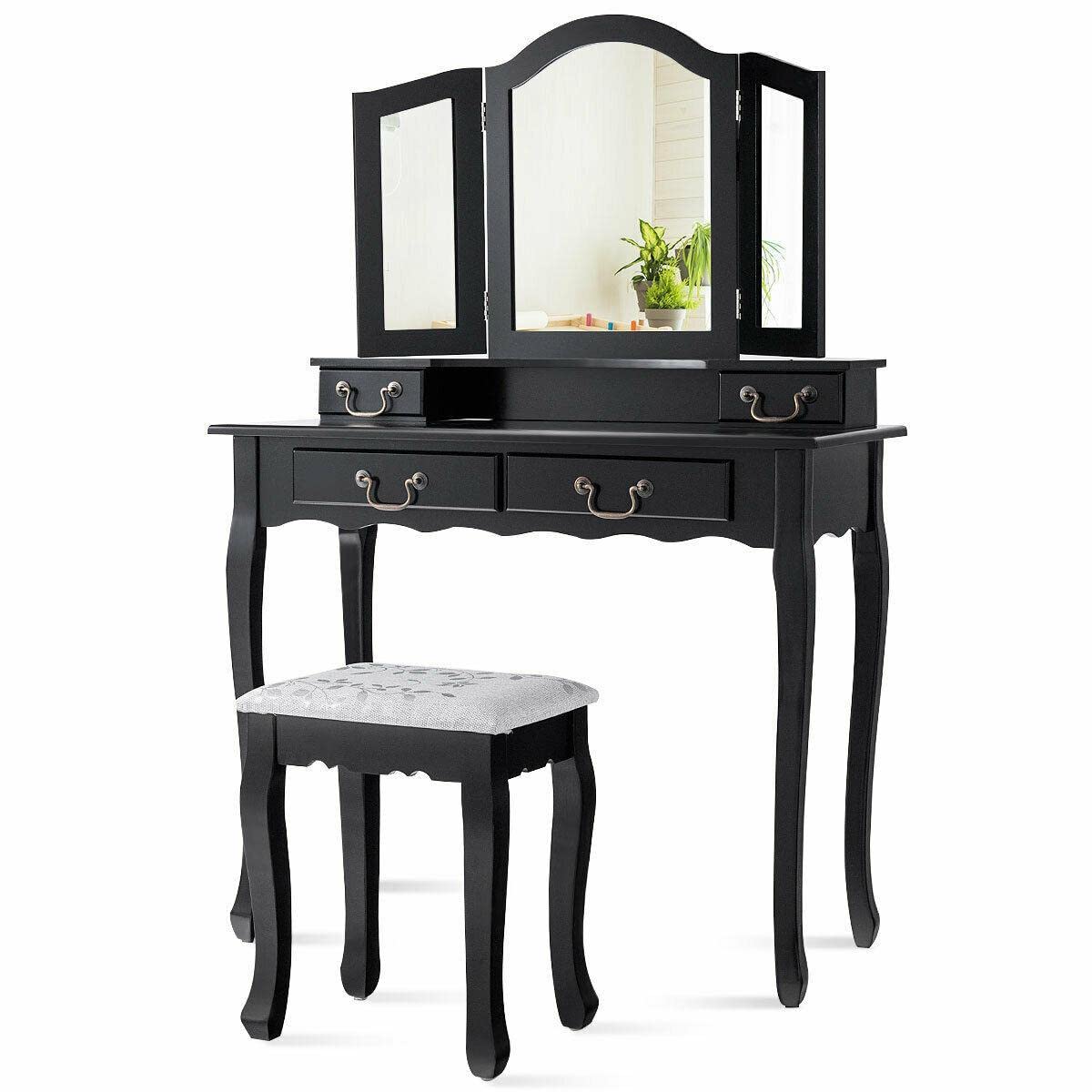 SverdlofG Vanity Set with Tri-Folding Mirror, 4 Drawers & Black Stool - Portable Makeup Dressing Table for Bedroom, Compact Vanity Desk with Storage, Perfect for Small Spaces & Daily Beauty Routine