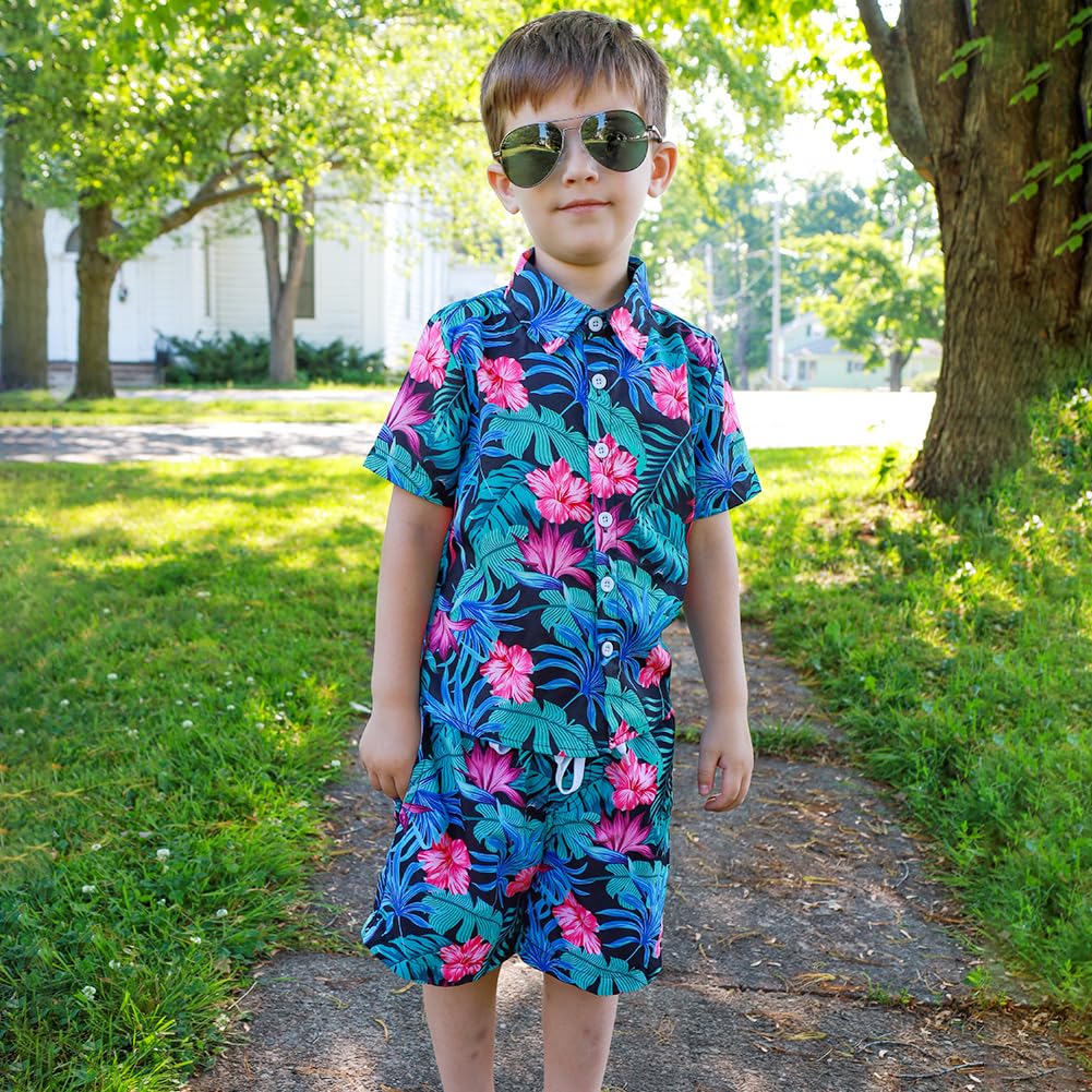 UNICOMIDEA Boys Hawaiian Shirt & Swim Trunks Set - Tropical Print 2-Piece Outfit for Kids 5-12 Years | Beach Vacation, Pool Party, Summer Outing