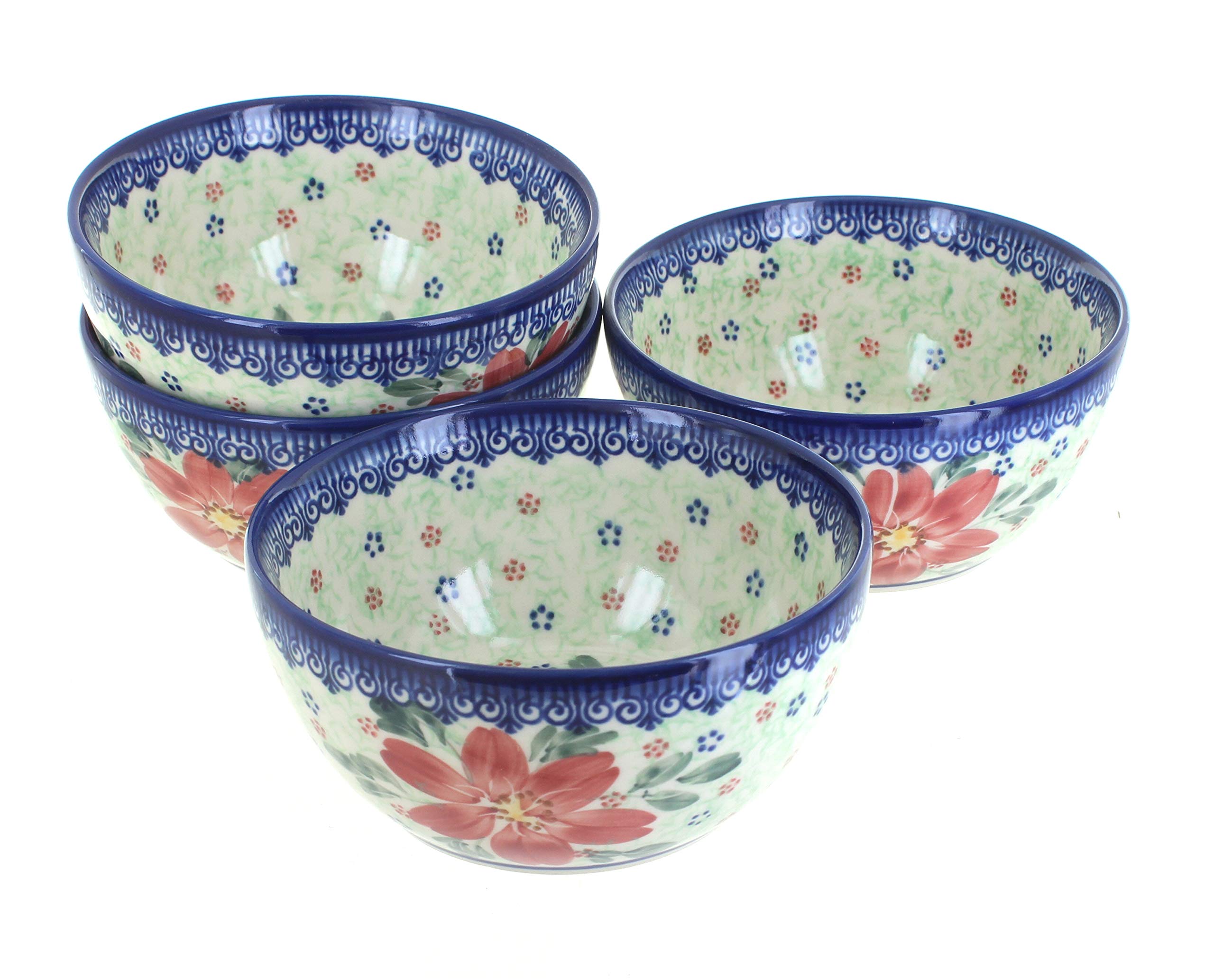 Blue Rose Polish Pottery Poinsettia 4-Piece Dessert Bowl Set - Elegant Handmade Ceramic Bowls for Holiday Desserts, Ice Cream & Party Serving