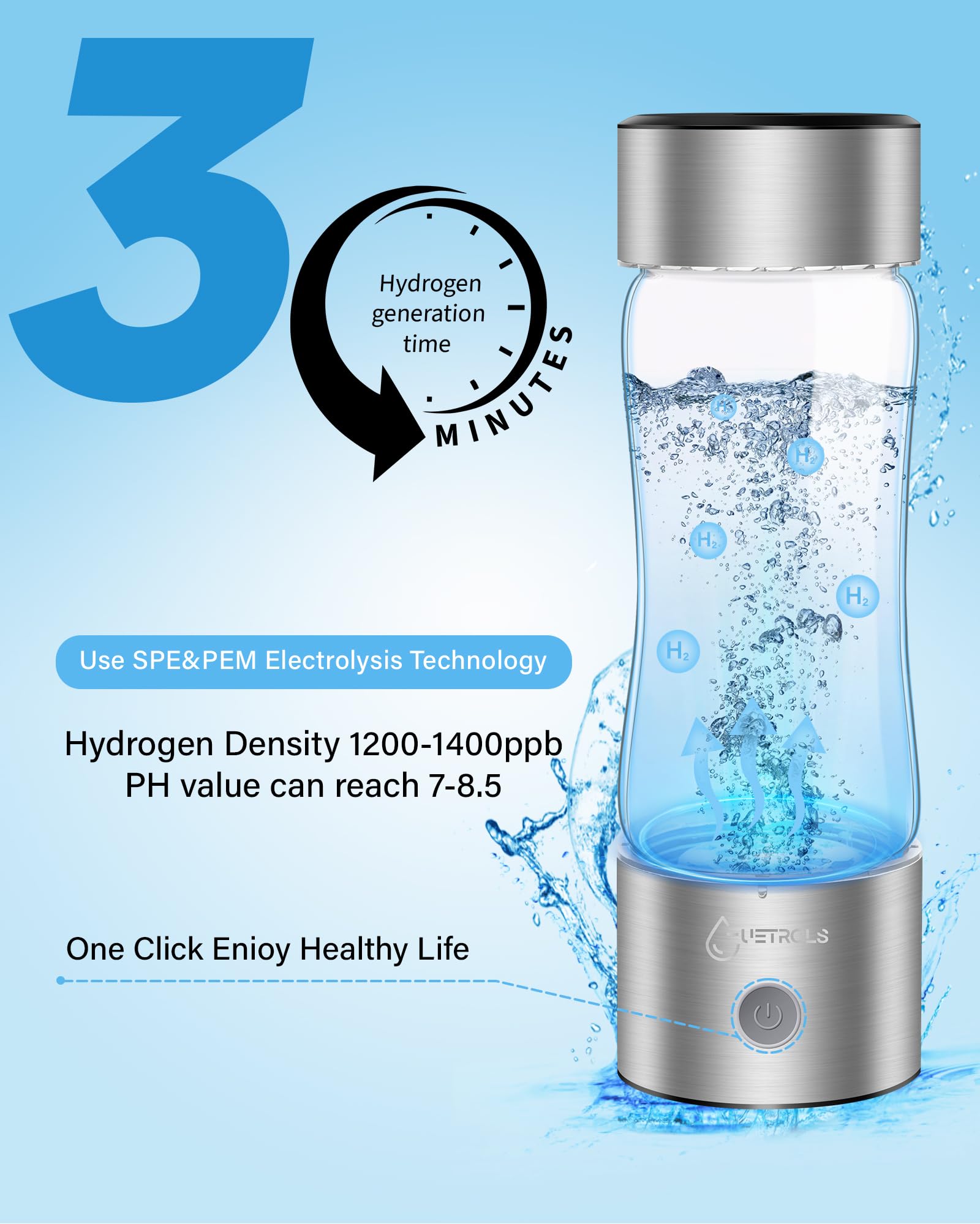 Premium Hydrogen Water Bottle 2024 - SPE PEM Technology Portable Hydrogen Water Generator & Ionizer | Fast 3-Minute Hydrogen Infusion for Healthier Drinking Water | Perfect for Home, Office, Travel & Daily Hydration (Silver) | Boost Energy & Detox with Hydrogen-Rich Water