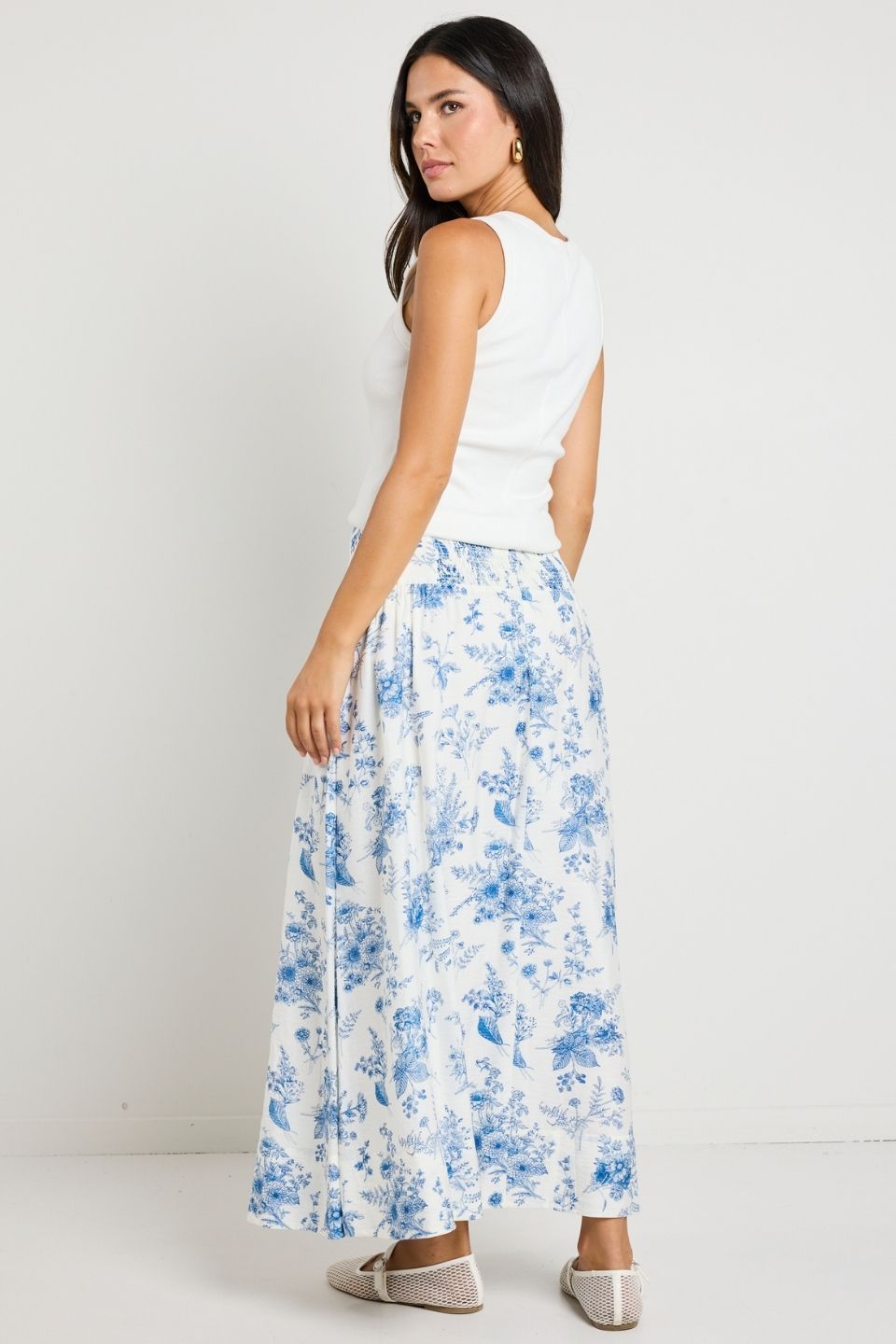 Affinity Porcelain Print Shirred Back Tiered Maxi Skirt - Flowy Boho Summer Dress for Women, Beach Vacation & Date Night Outfit