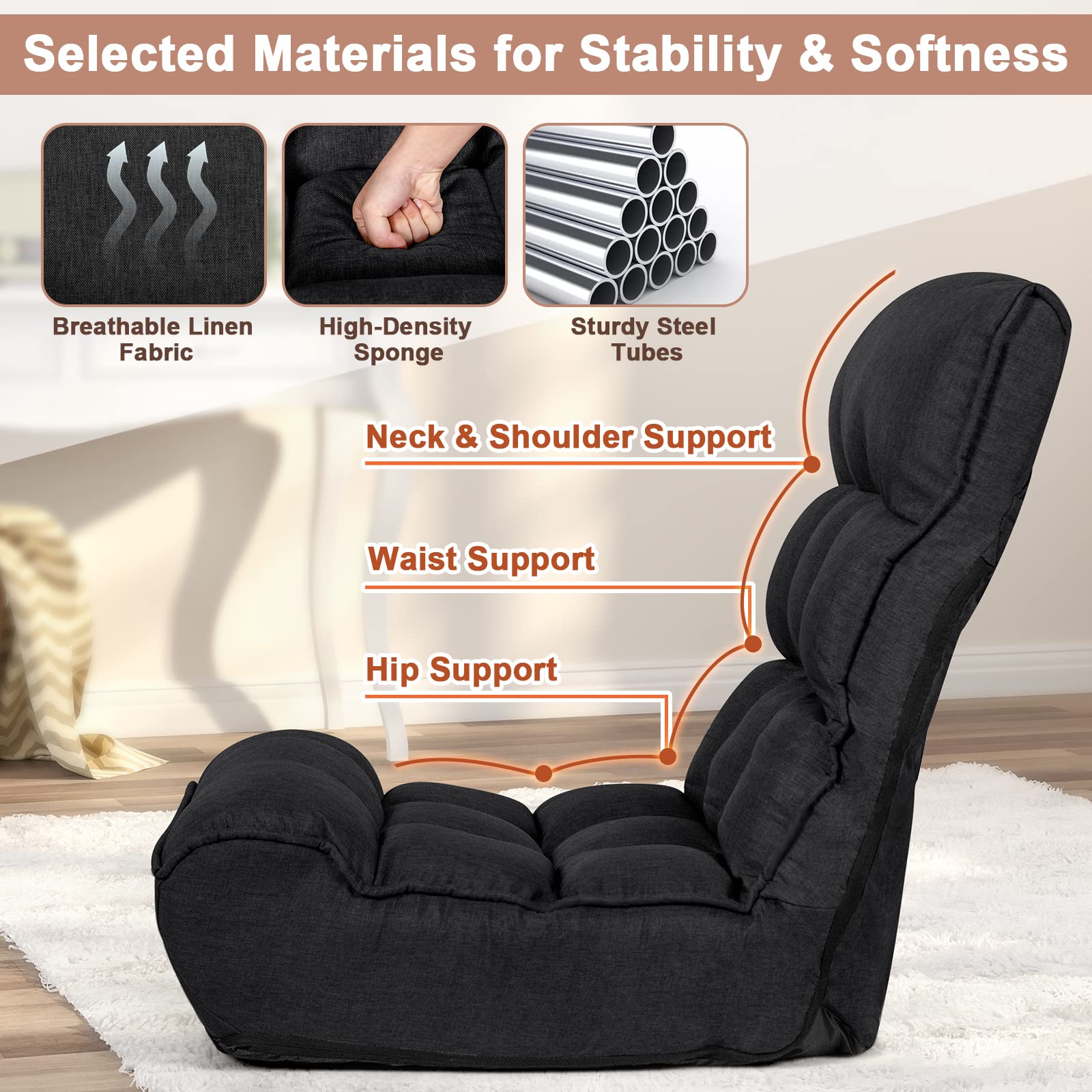 SAFSTAR Adjustable Folding Floor Chair - 5-Position Headrest & 4-Position Backrest Gaming Chair with Thick Cushion & Side Pocket - Comfortable Padded Seat for Living Room, Bedroom, Gaming, Reading & Relaxing
